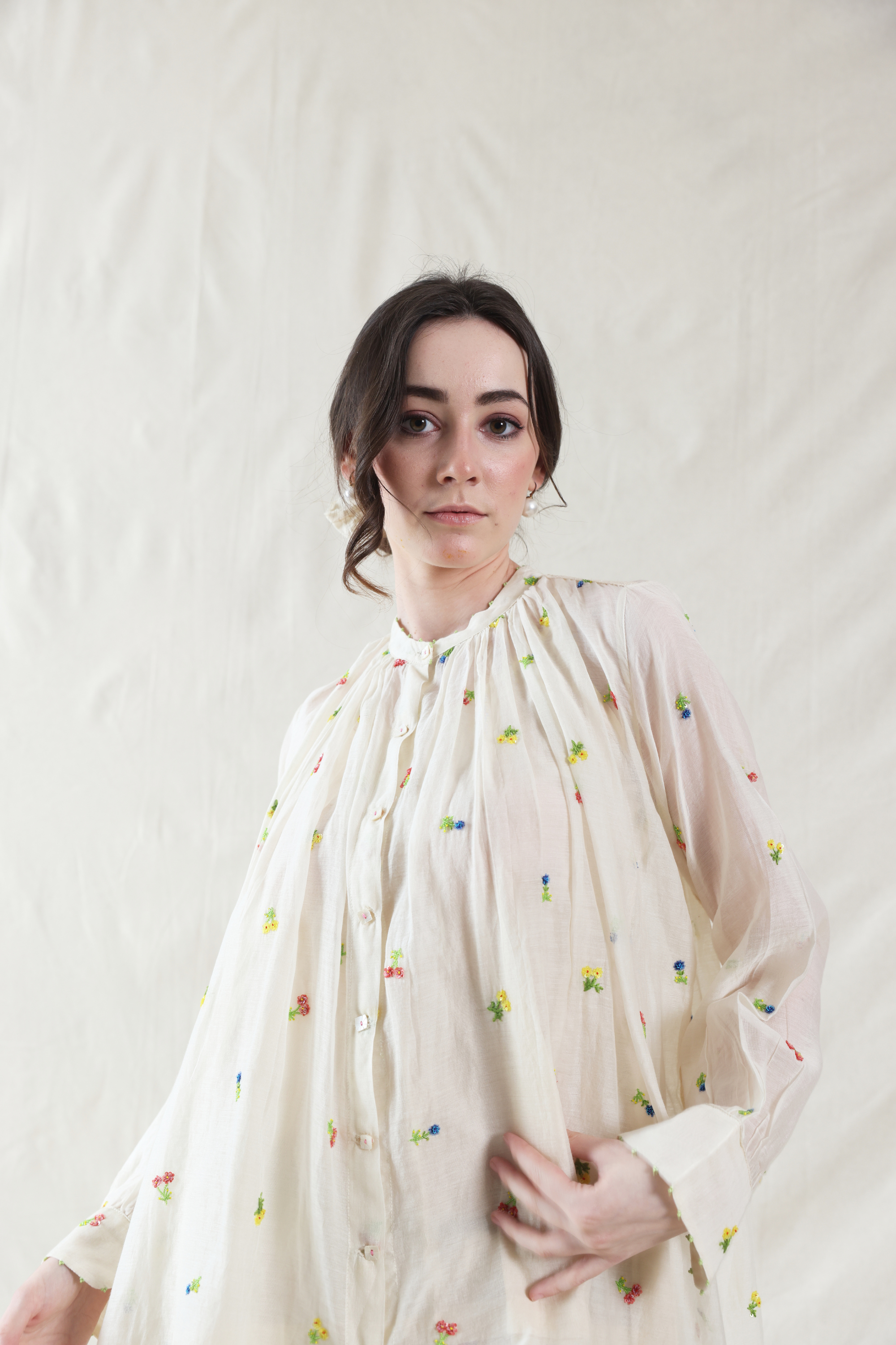 Off White Silk, Cotton Mandarin Collar Handwoven Top And Slip Set