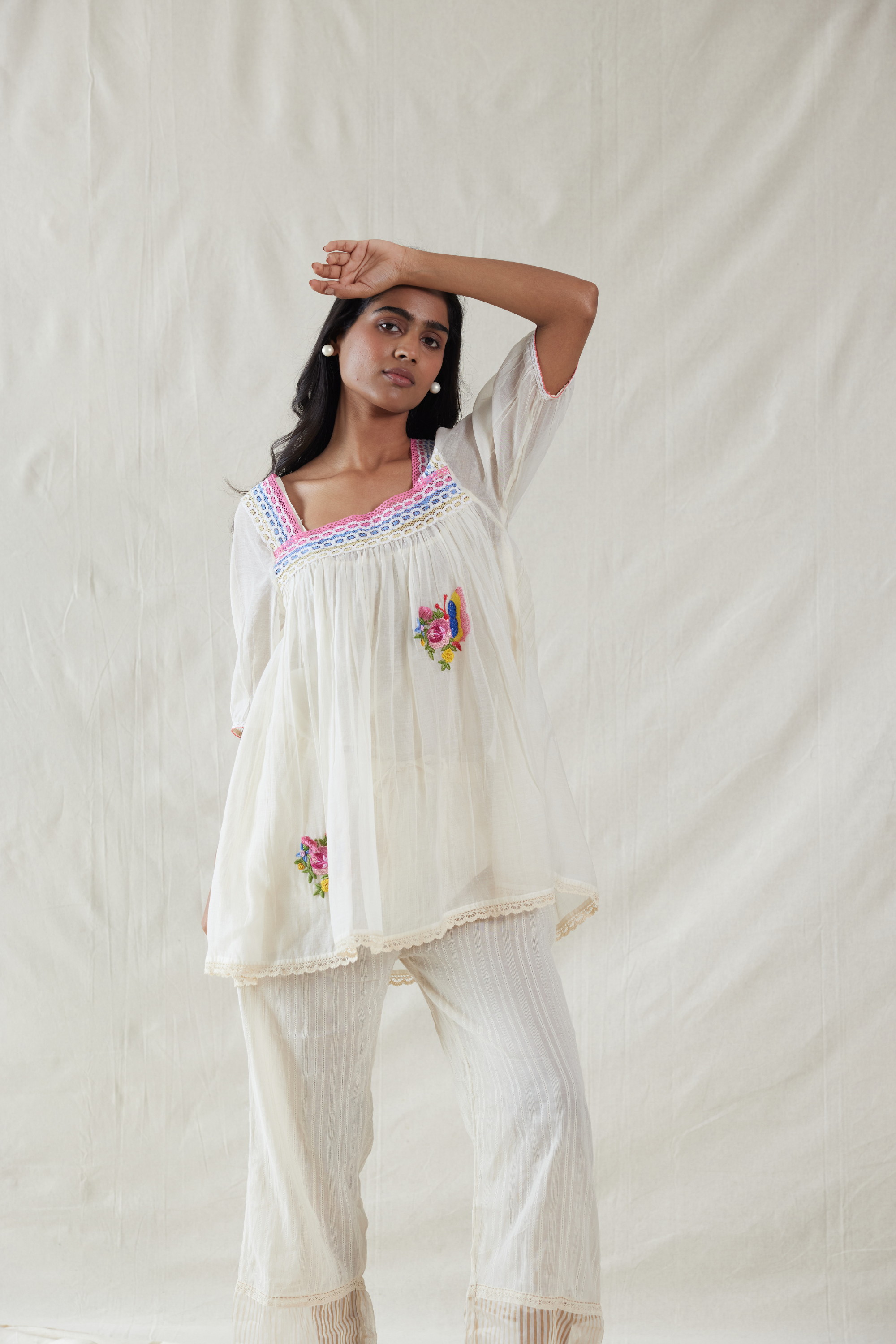 Pink Silk, Cotton Square Neck Handwoven Top And Slip Set