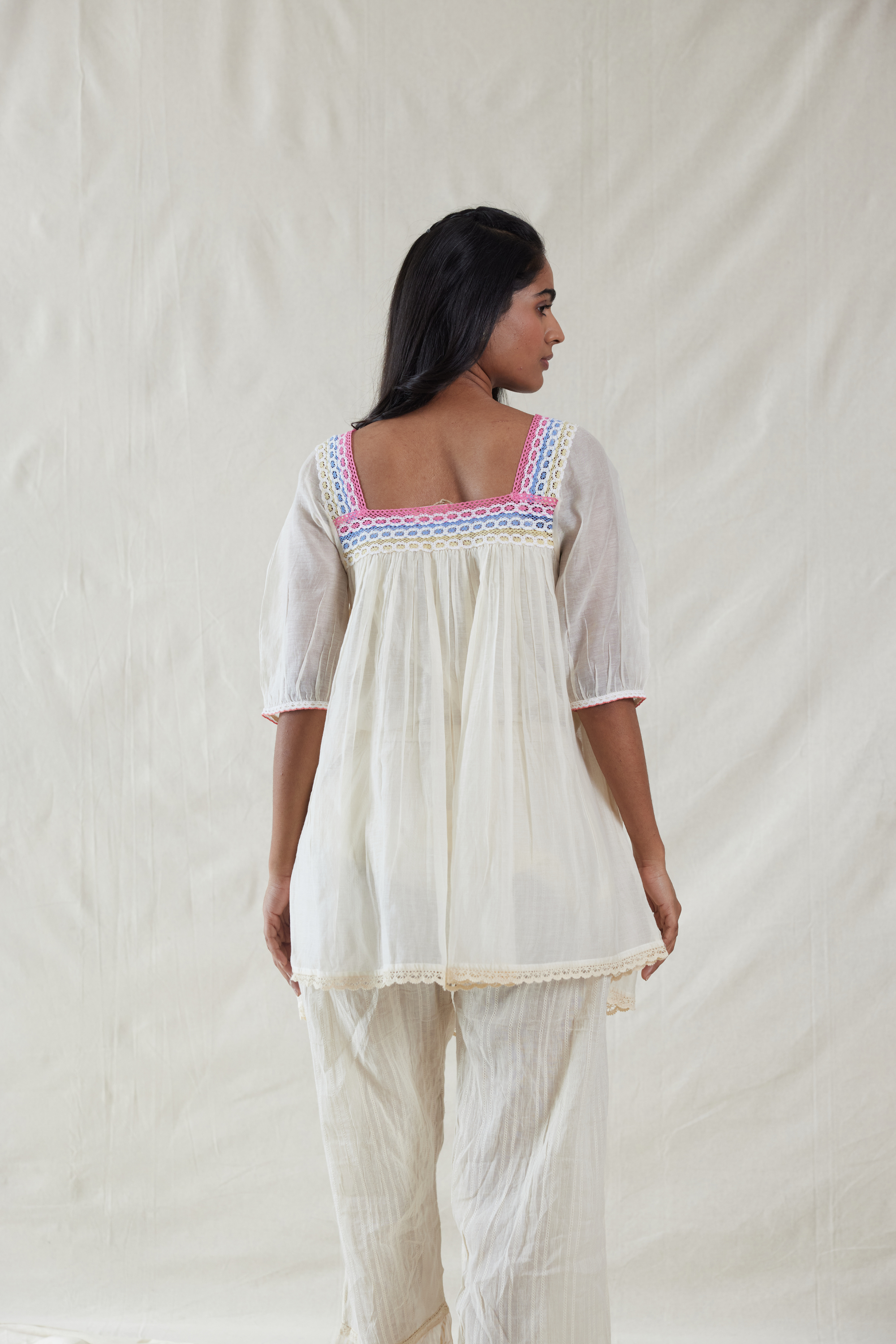 Pink Silk, Cotton Square Neck Handwoven Top And Slip Set