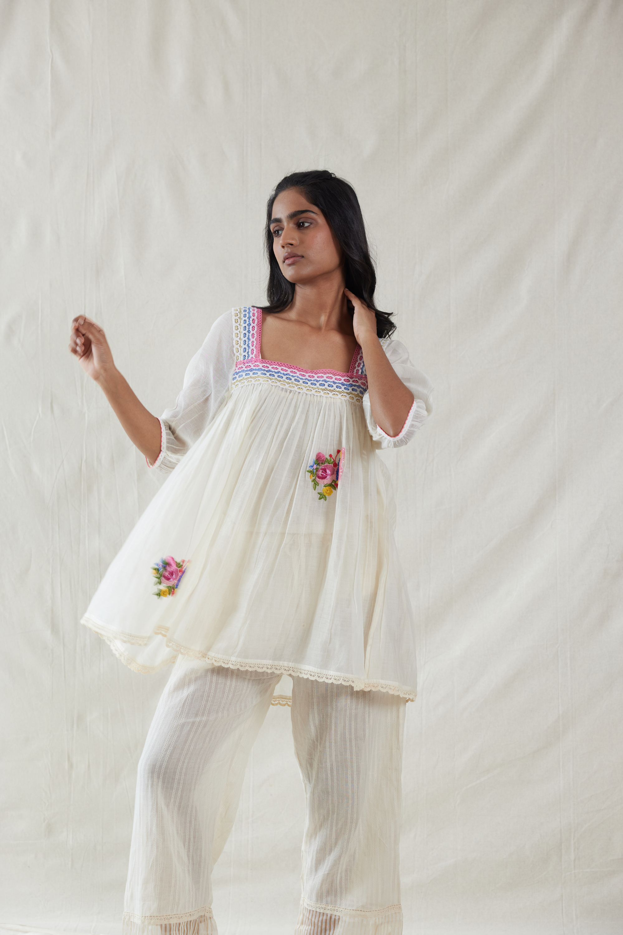 Pink Silk, Cotton Square Neck Handwoven Top And Slip Set