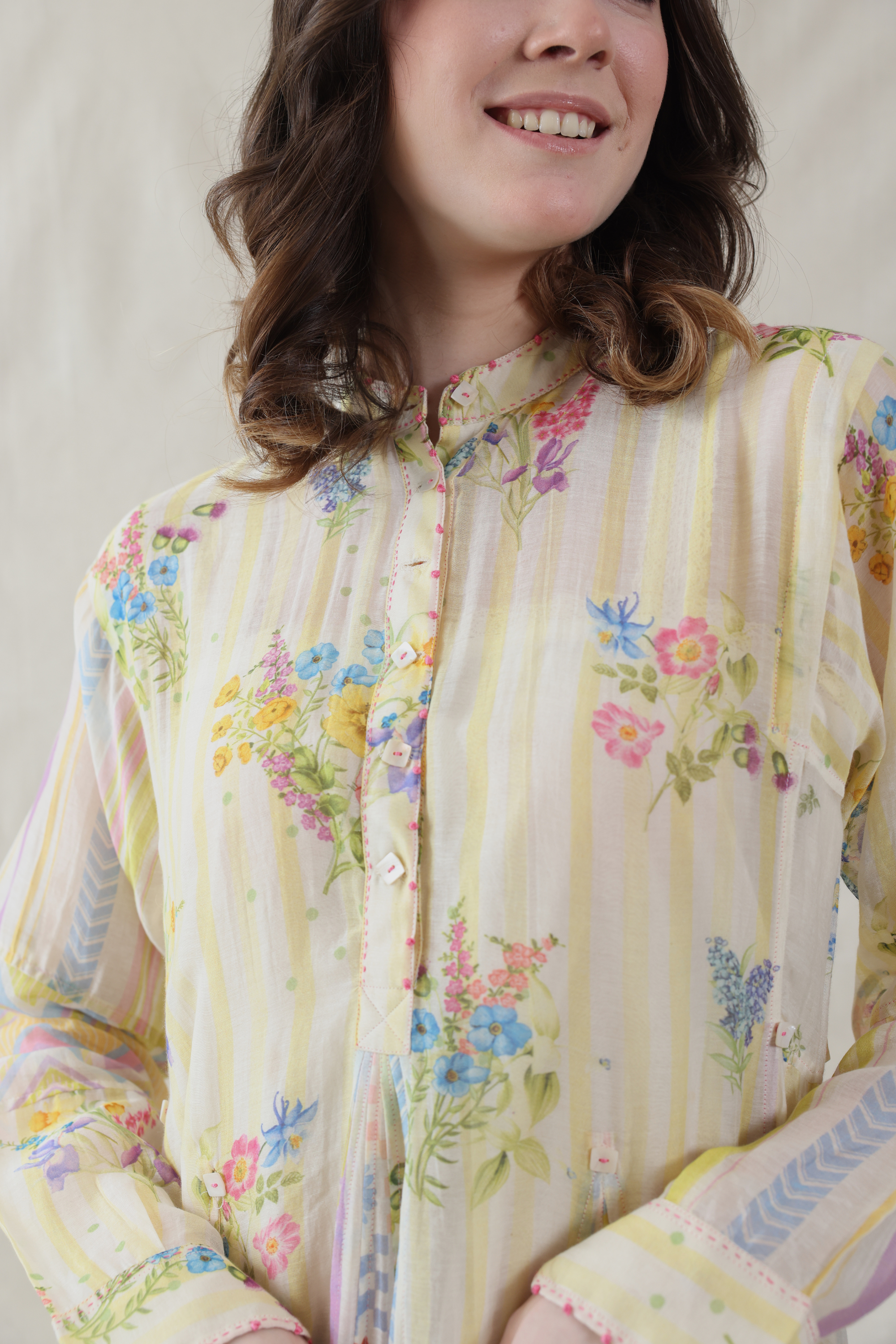 Off White Silk, Cotton Mandarin Collar Handwoven Dress And Slip Set