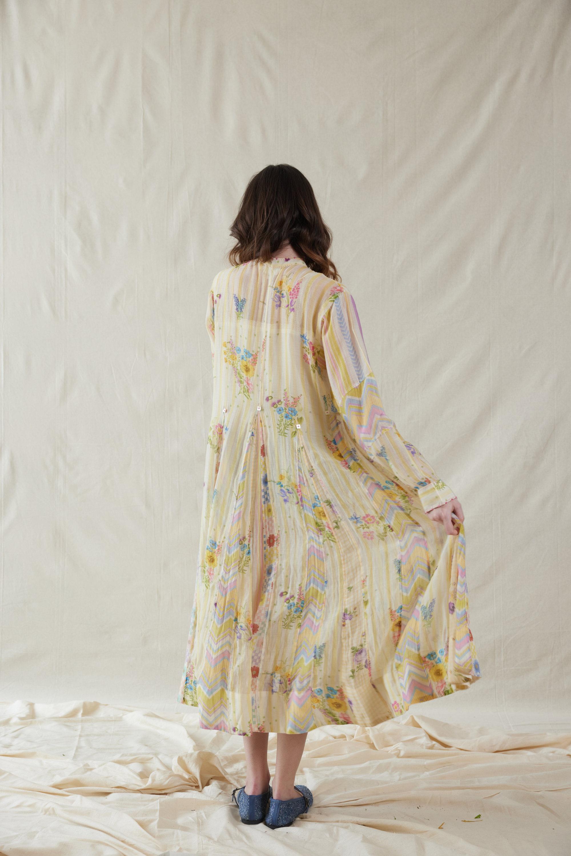 Off White Silk, Cotton Mandarin Collar Handwoven Dress And Slip Set