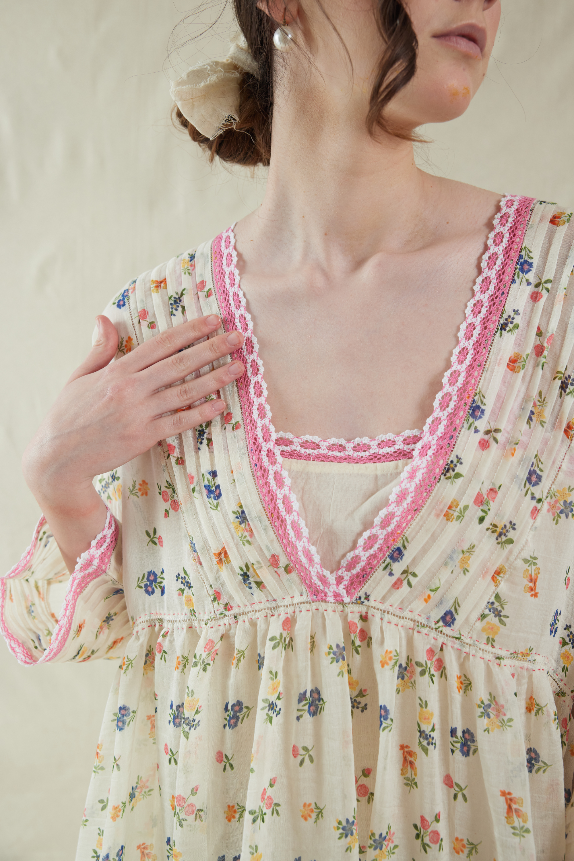 Pink Silk, Cotton V-neck Floral Handwoven Dress And Slip Set