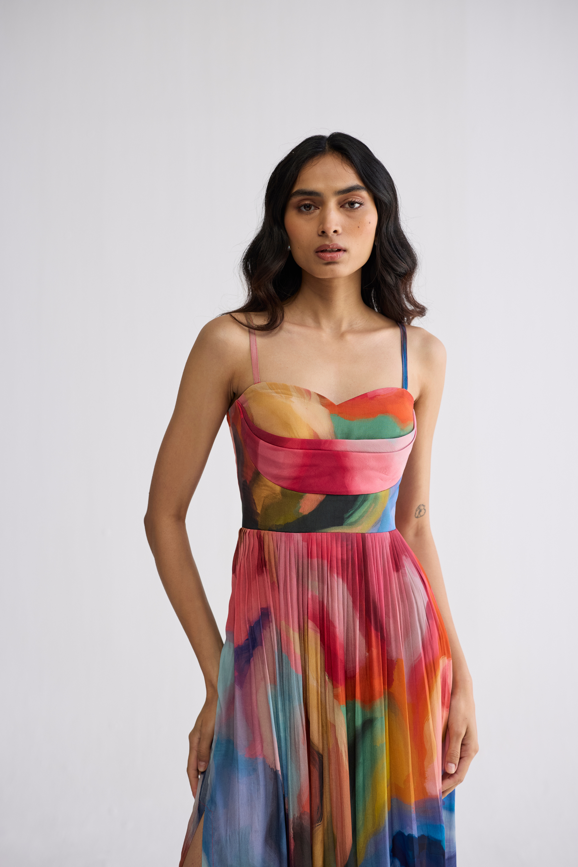 Rainbow Garden Crepe Cowl Bralette Dress