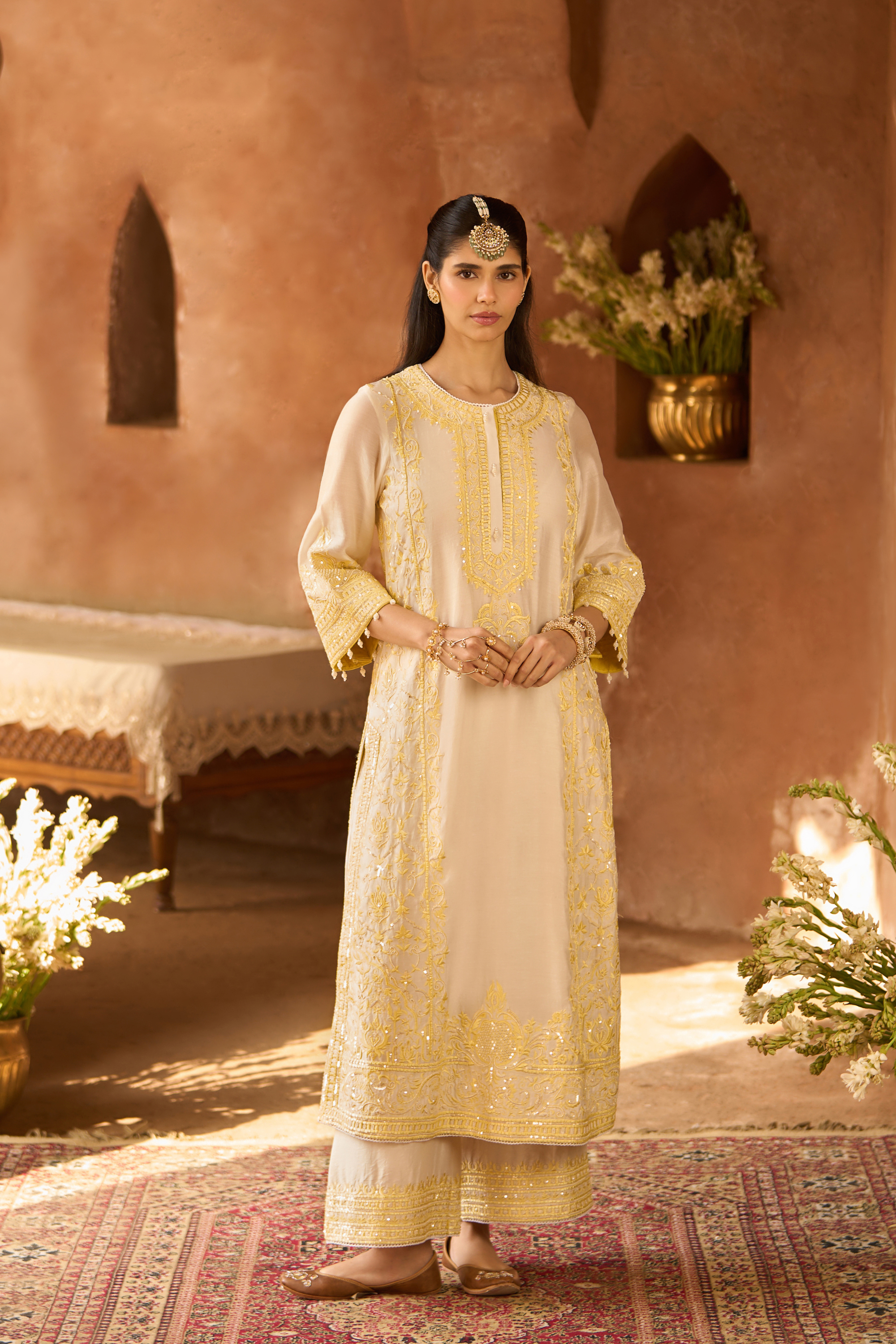 Ena - Ivory With Yellow Long A-line Kurta Set