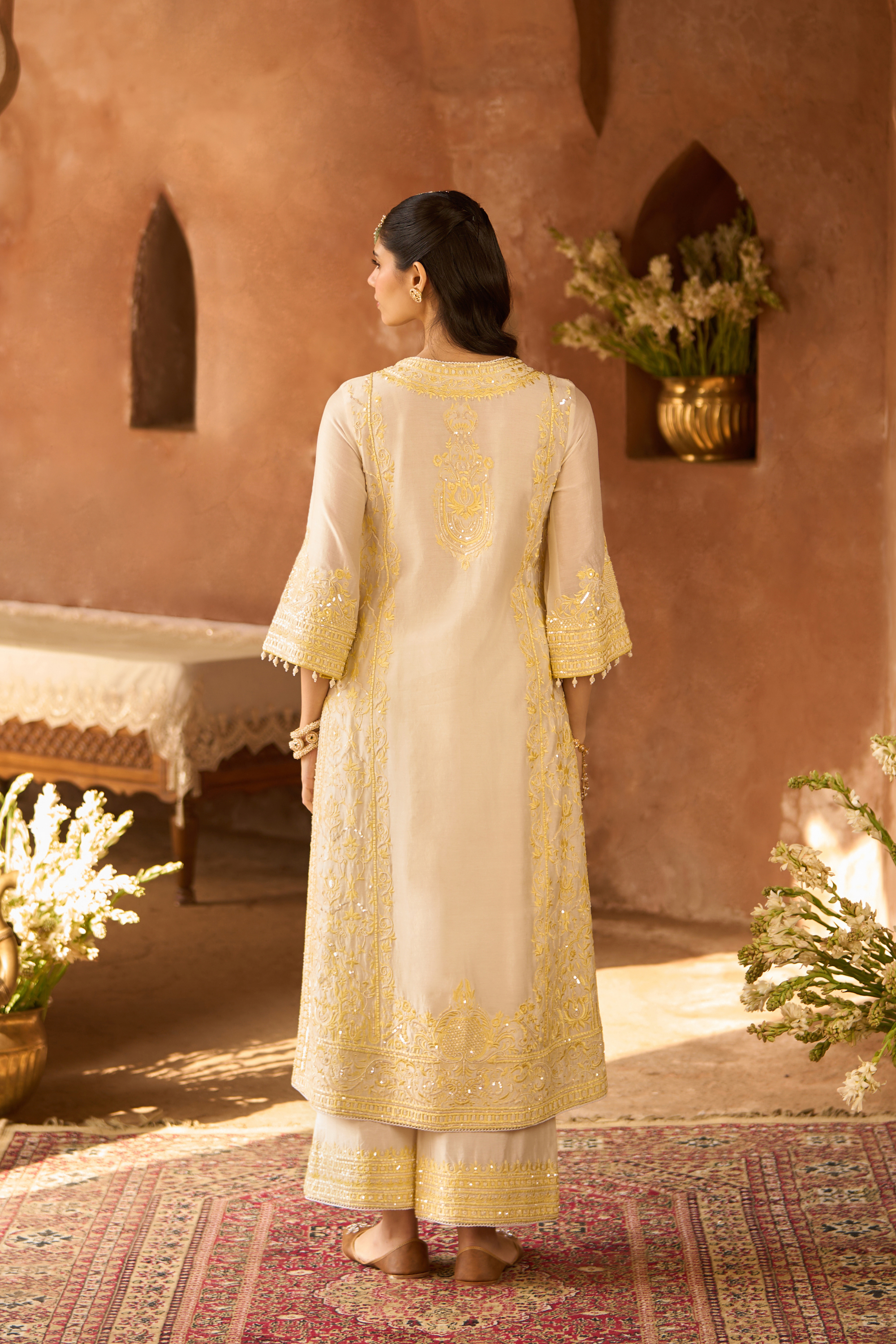 Ena - Ivory With Yellow Long A-line Kurta Set