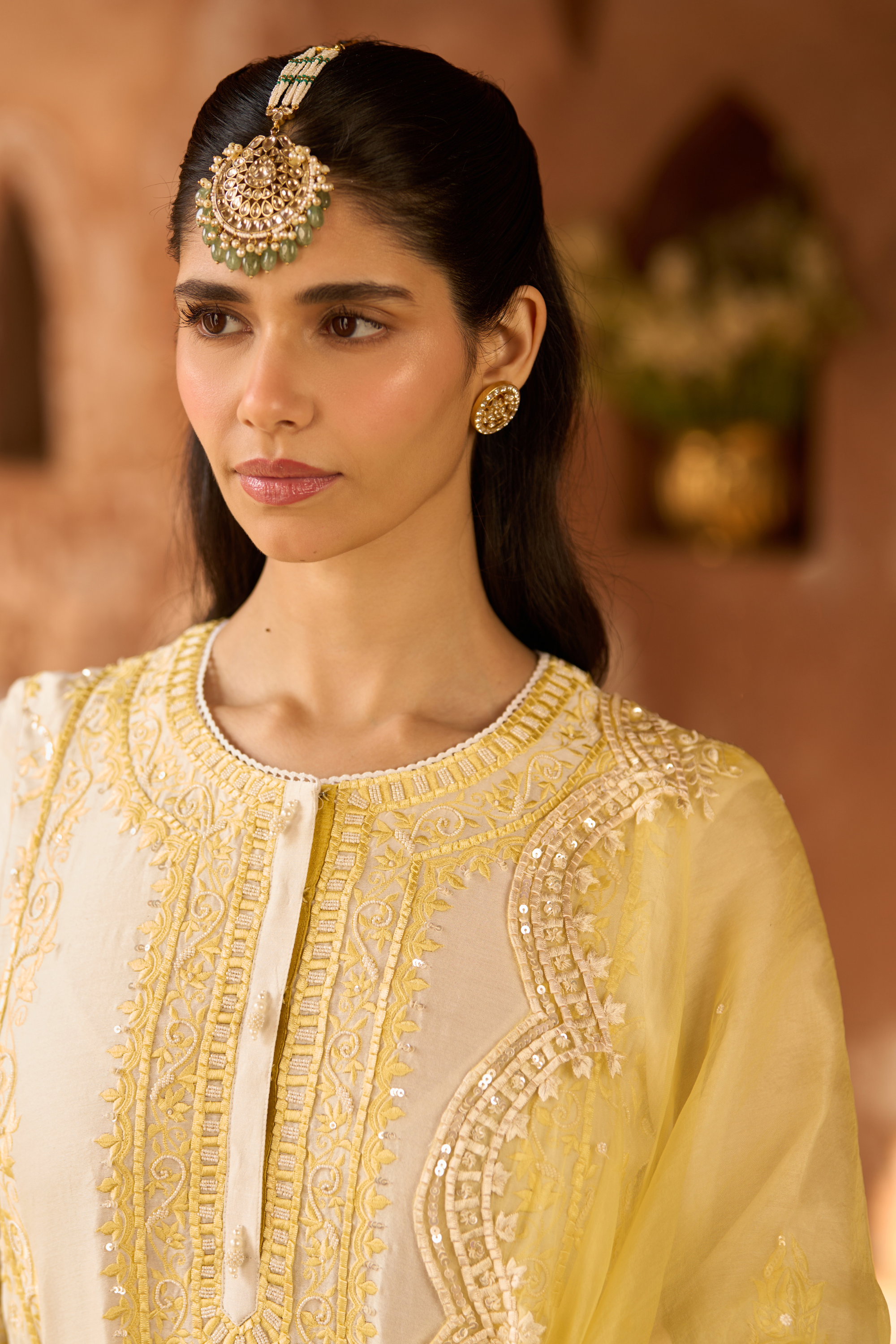 Ena - Ivory With Yellow Long A-line Kurta Set