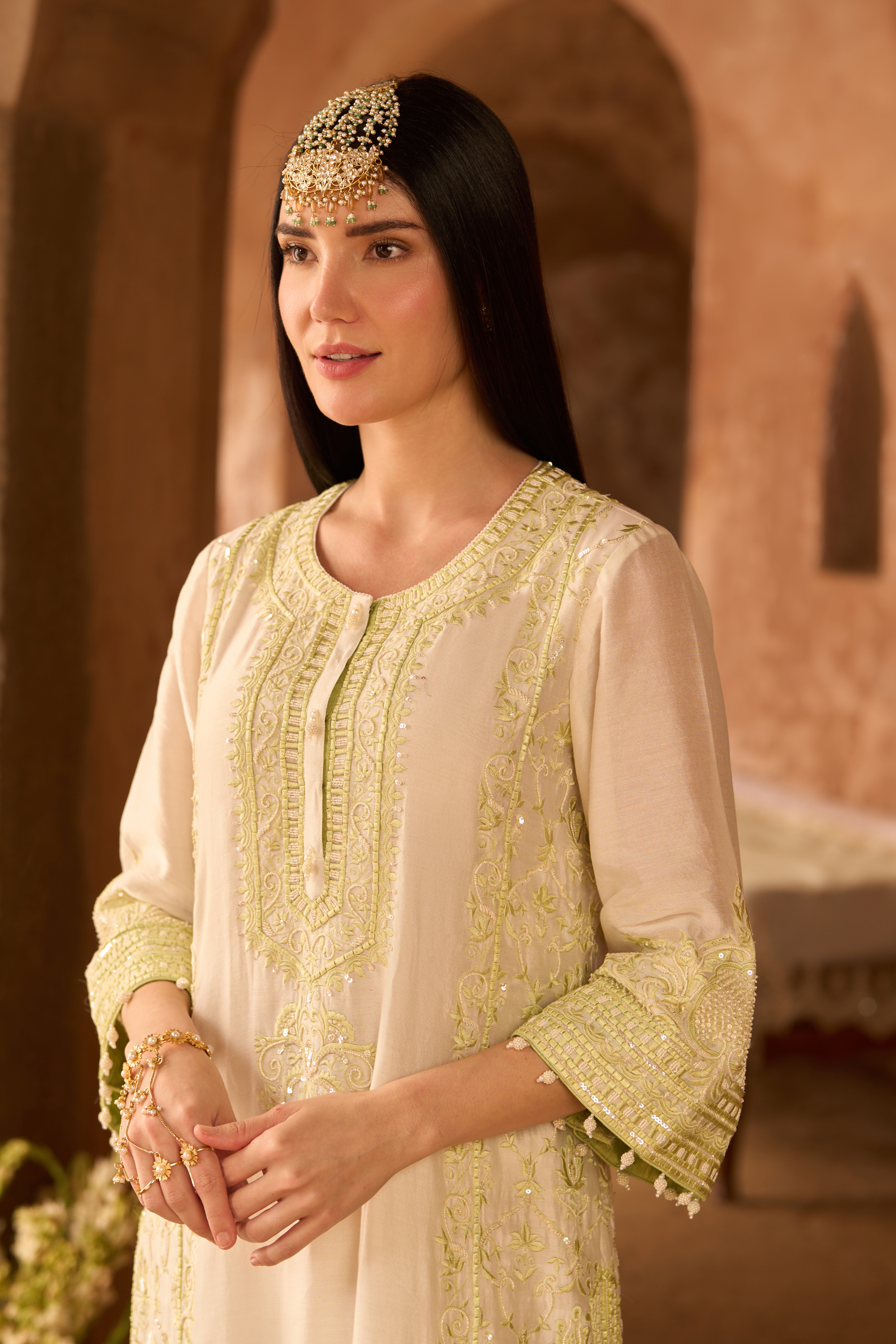 Ena - Ivory With Green Long A-line Kurta Set