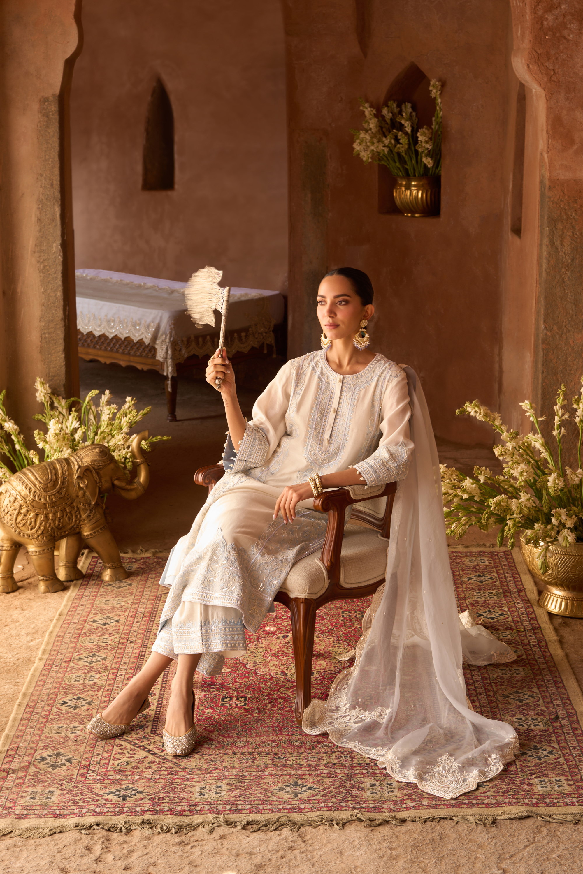 Ena - Ivory With Blue Long A-line Kurta Set