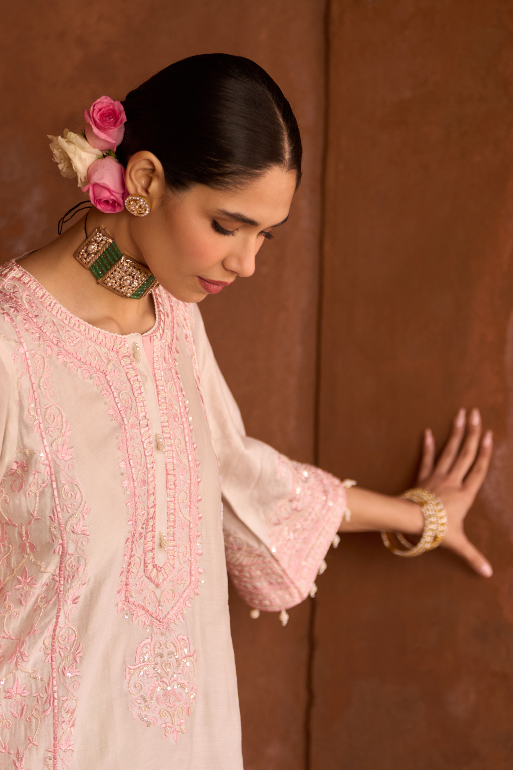 Ena - Ivory With Pink Long A-line Kurta Set