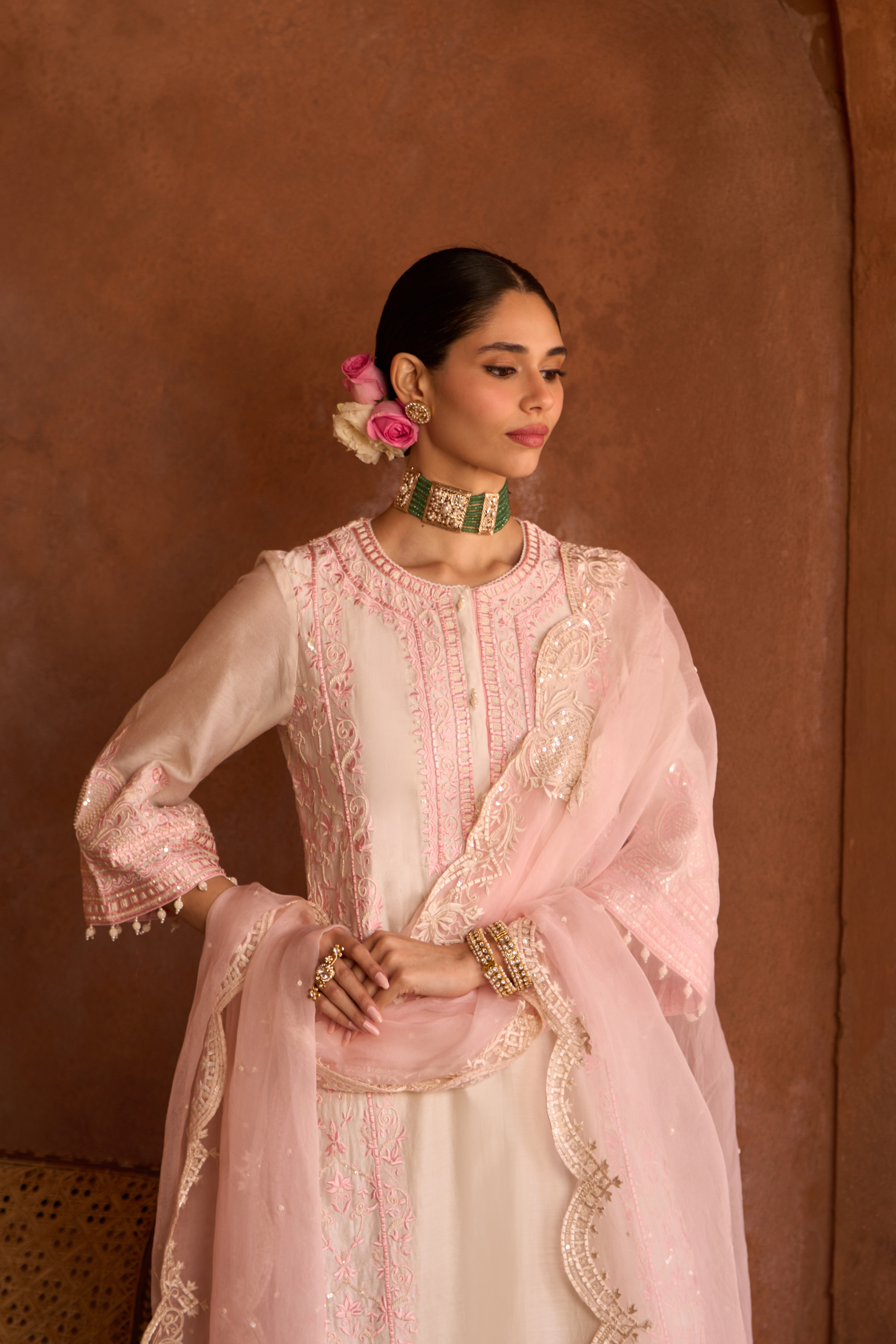 Ena - Ivory With Pink Long A-line Kurta Set