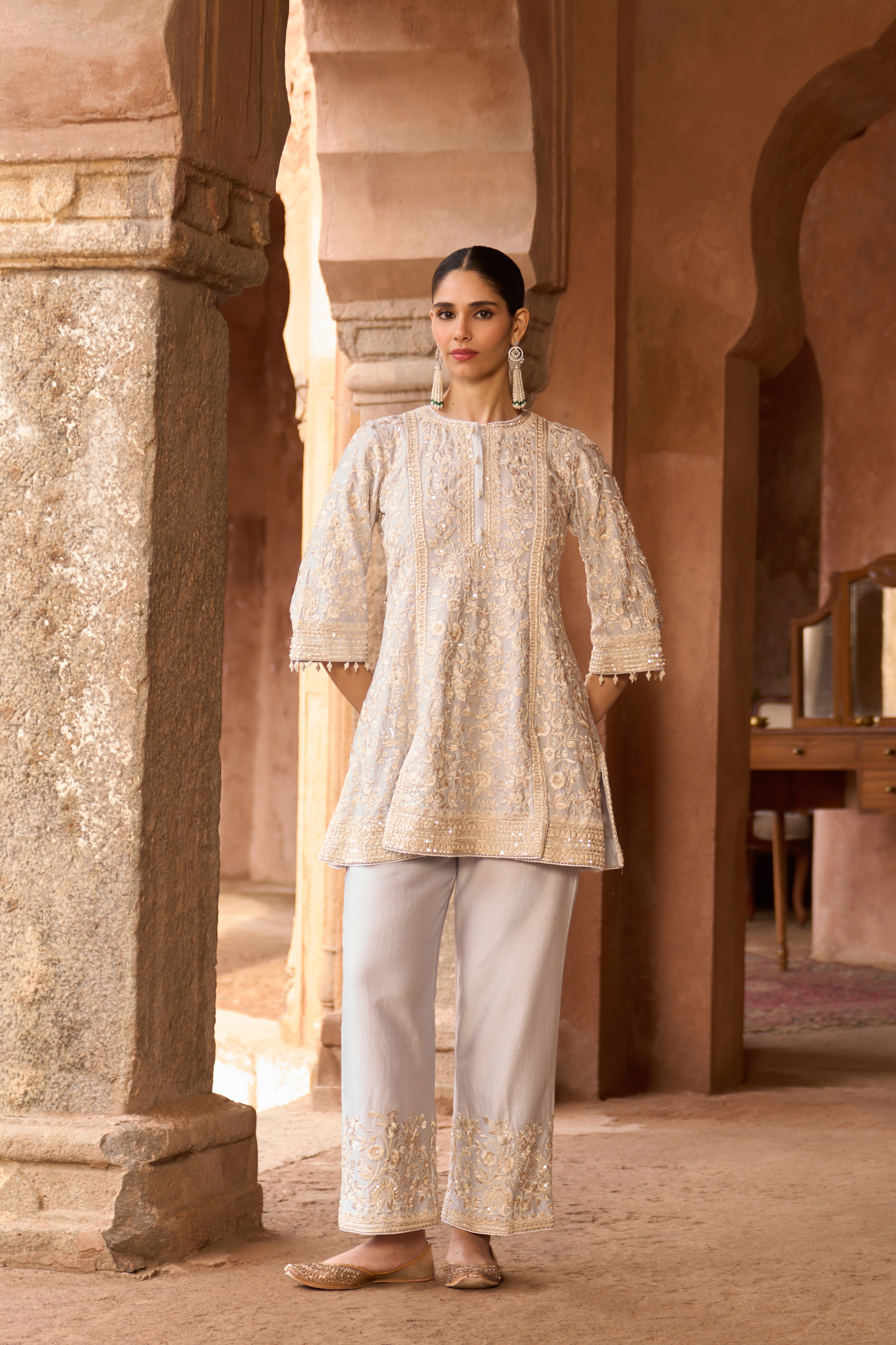 Nurvi - Ivory With Blue Long A-line Kurta Set