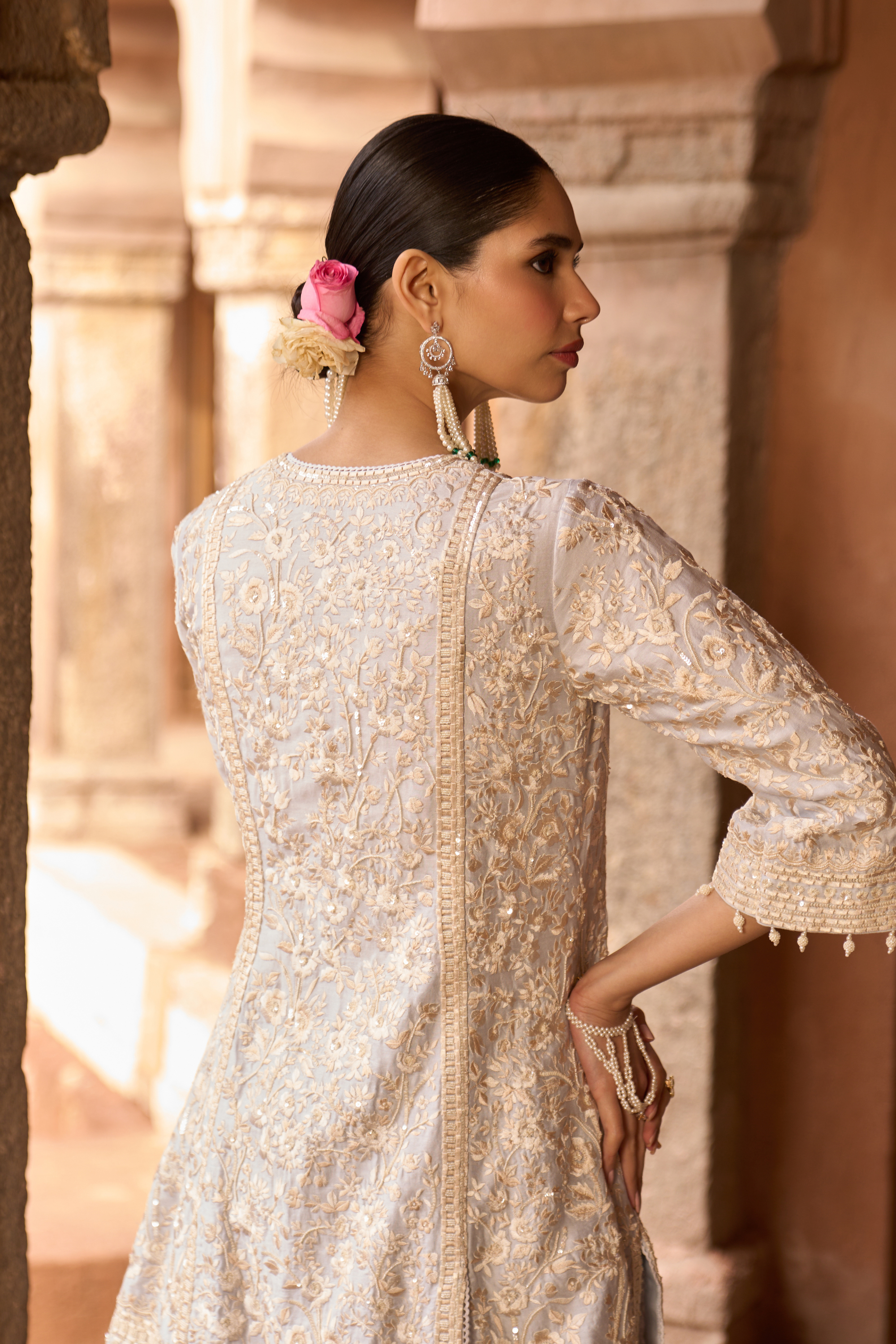 Nurvi - Ivory With Blue Long A-line Kurta Set