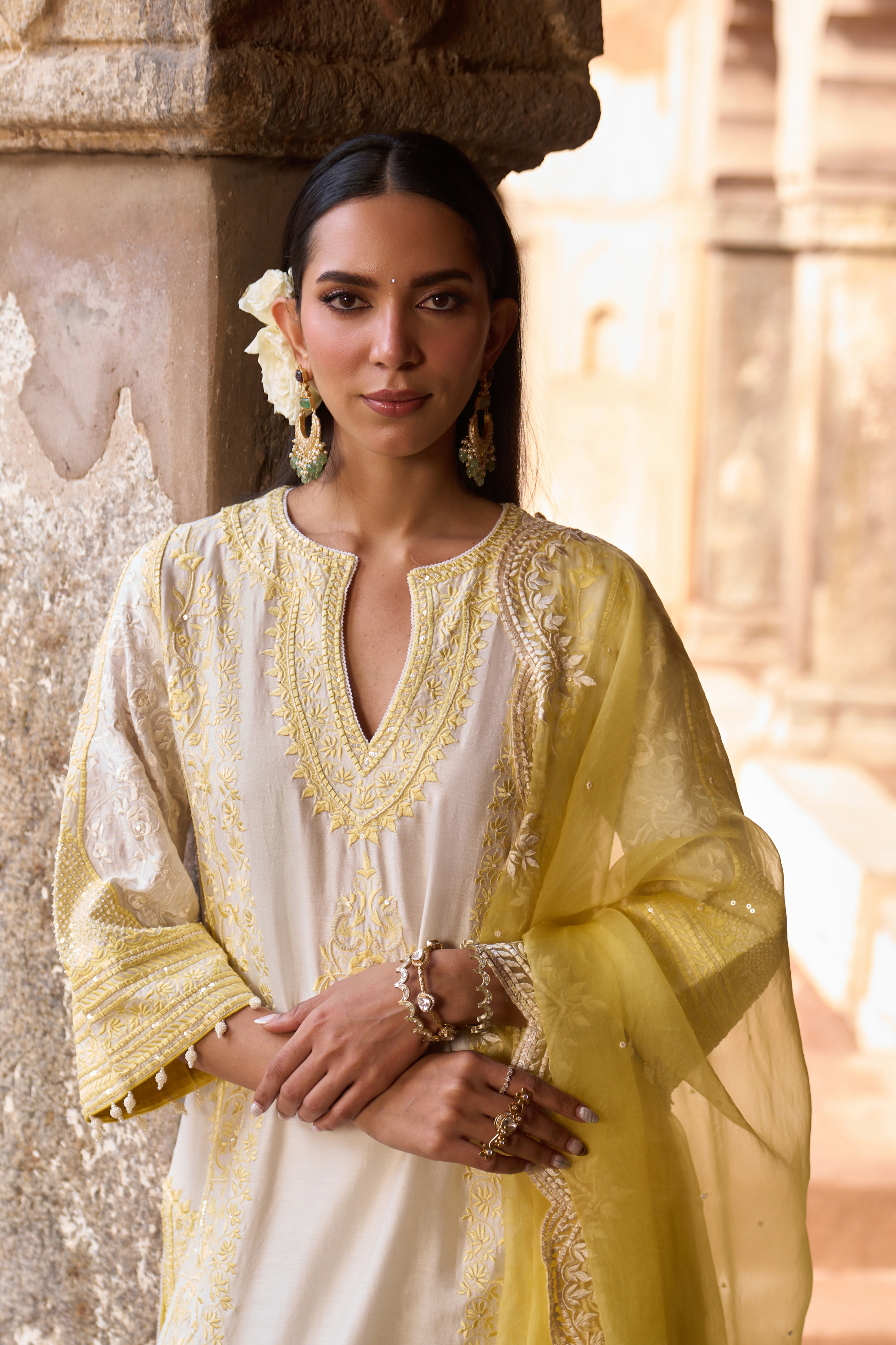 Nurvi - Ivory With Yellow Long A-line Kurta Set