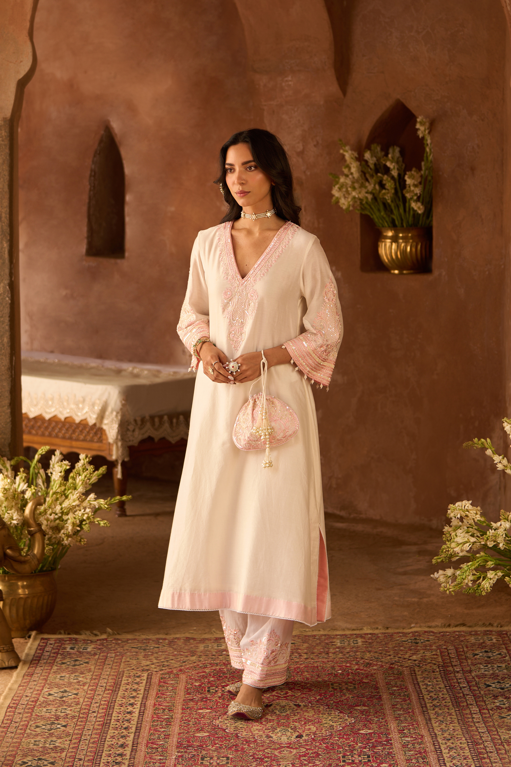 Sahabat - Daisy Ivory With Pink Kaaftan Set
