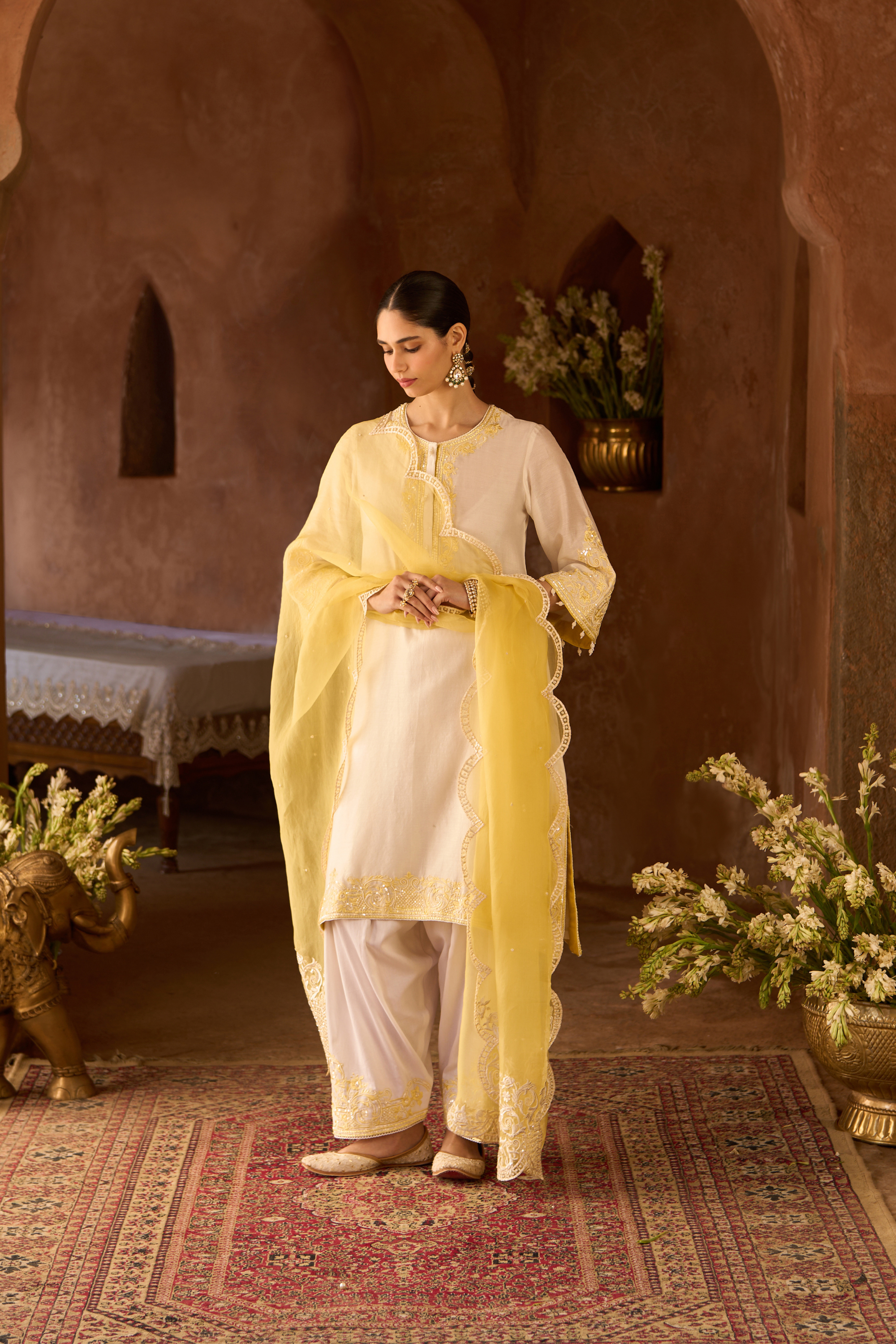 Hani - Daisy Ivory With Yellow A-line Kurta Set