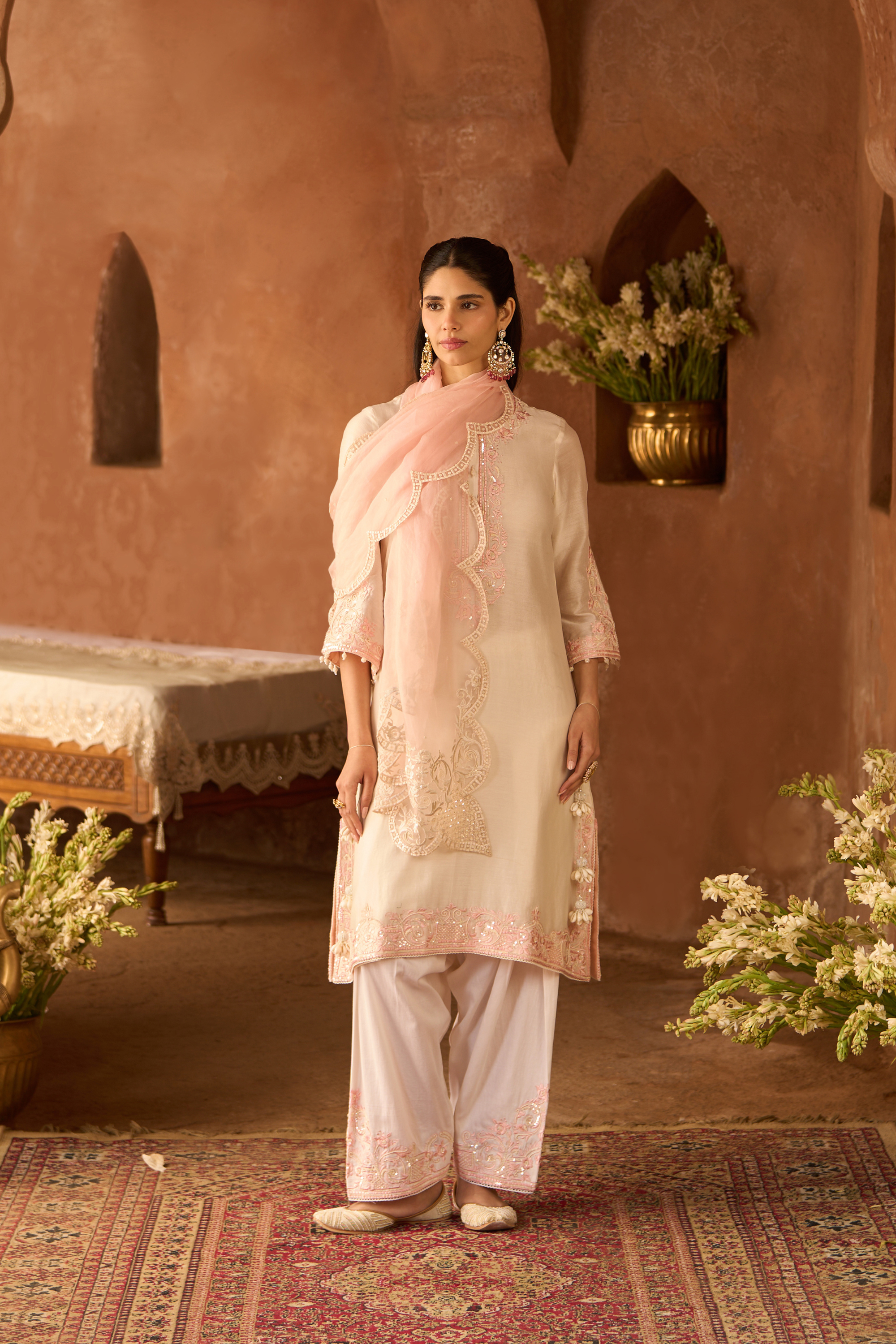 Hani - Daisy Ivory With Pink A-line Kurta Set