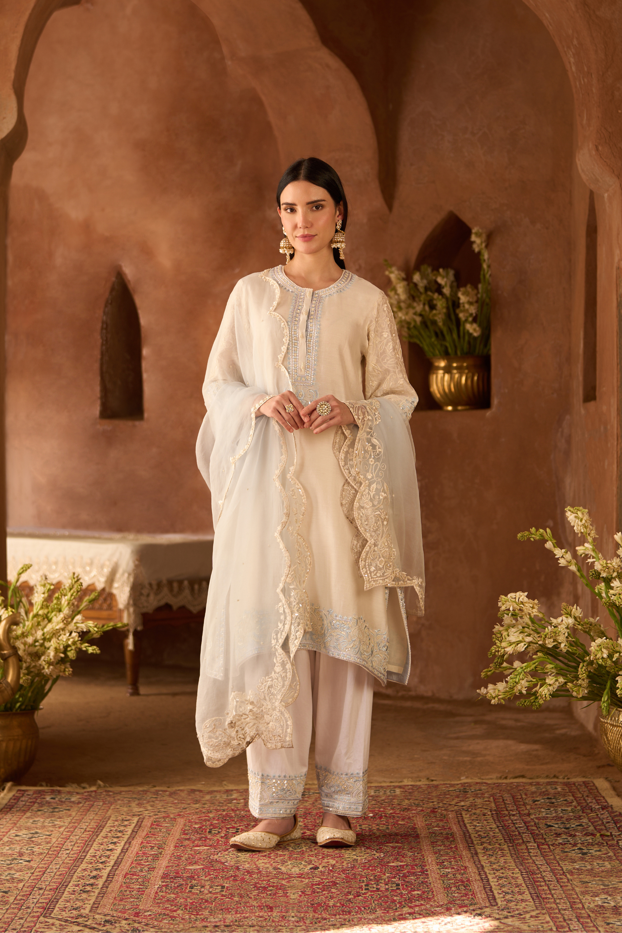 Anam - Daisy Ivory With Blue A-line Kurta Set