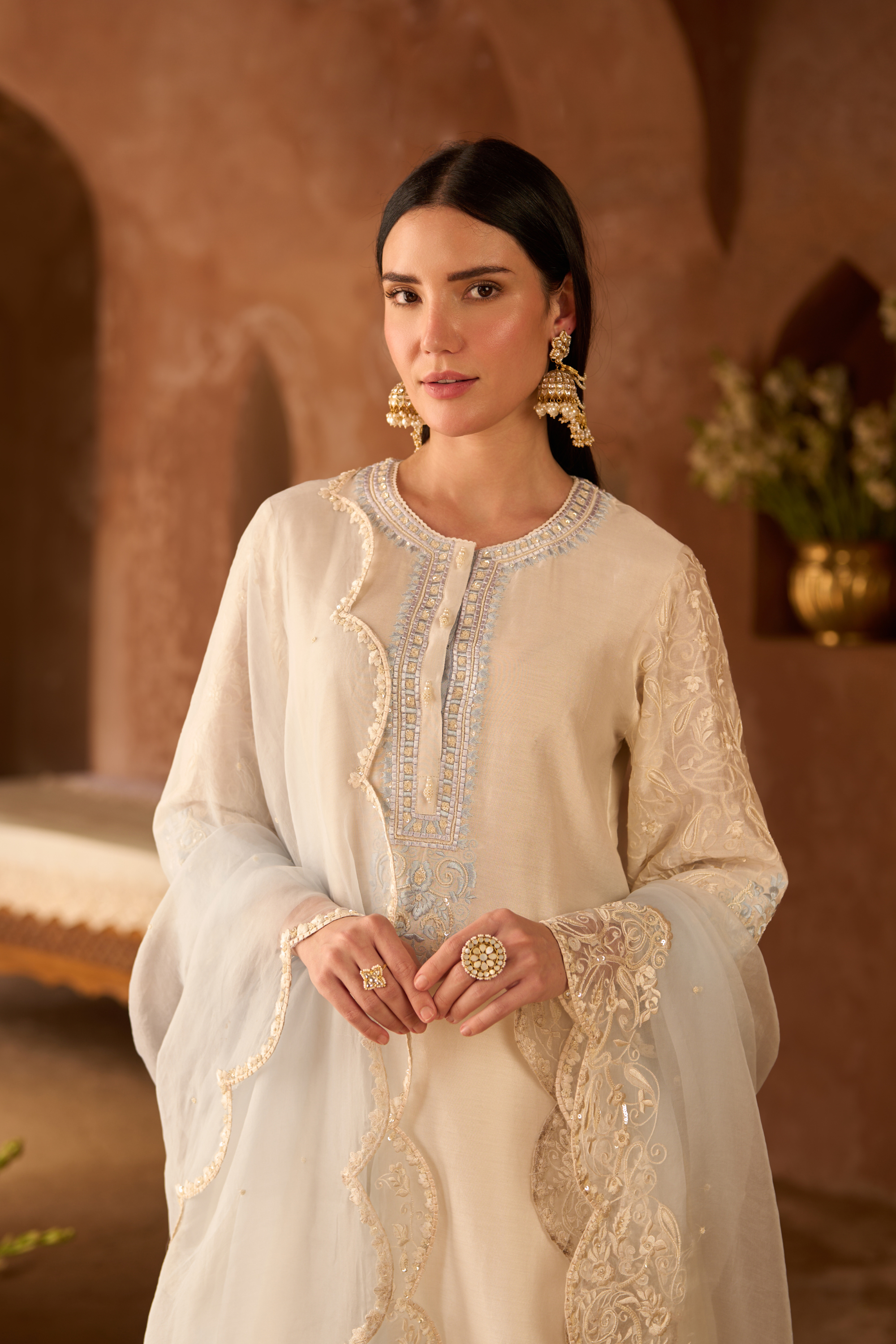 Anam - Daisy Ivory With Blue A-line Kurta Set