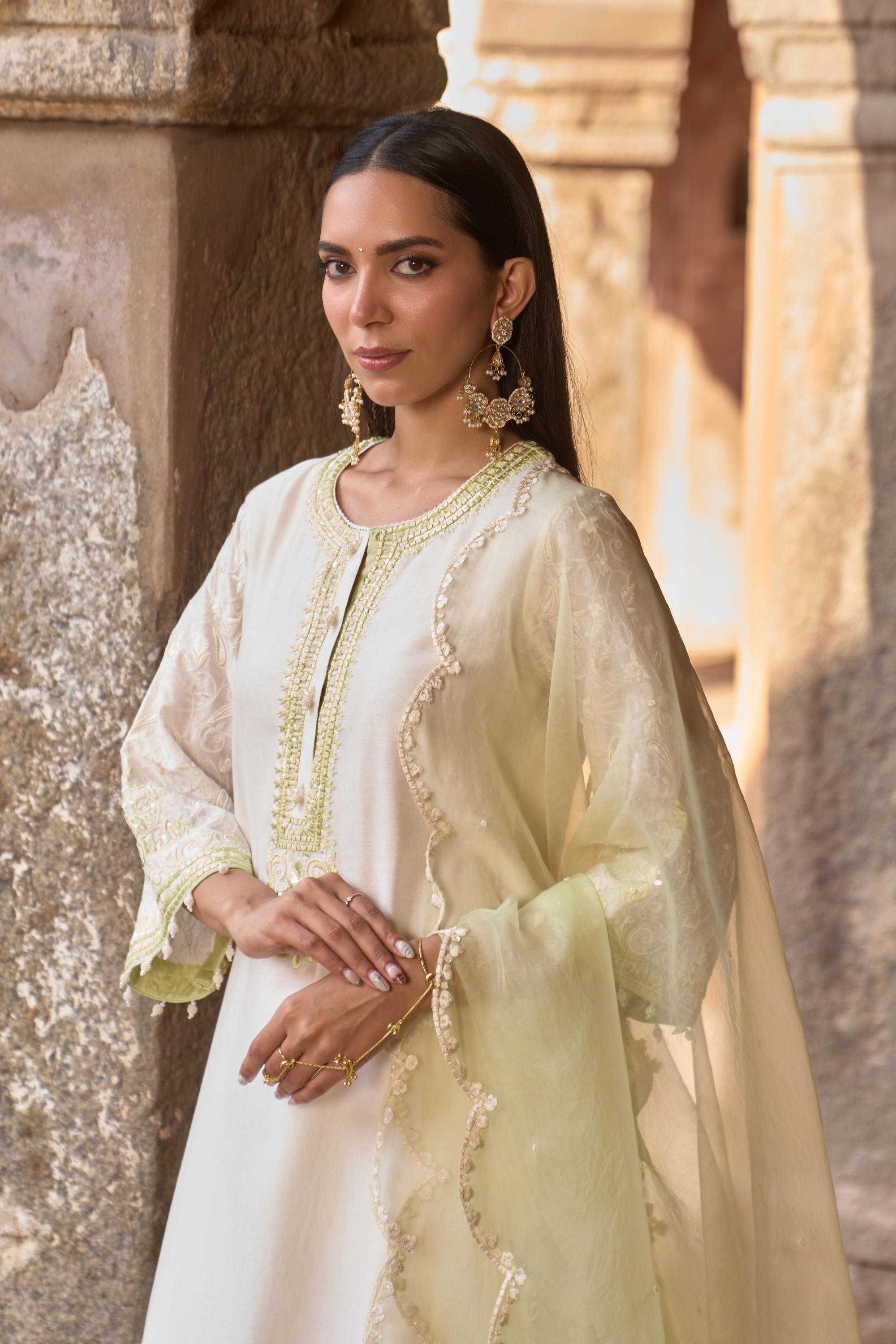 Anam - Daisy Ivory With Green A-line Kurta Set