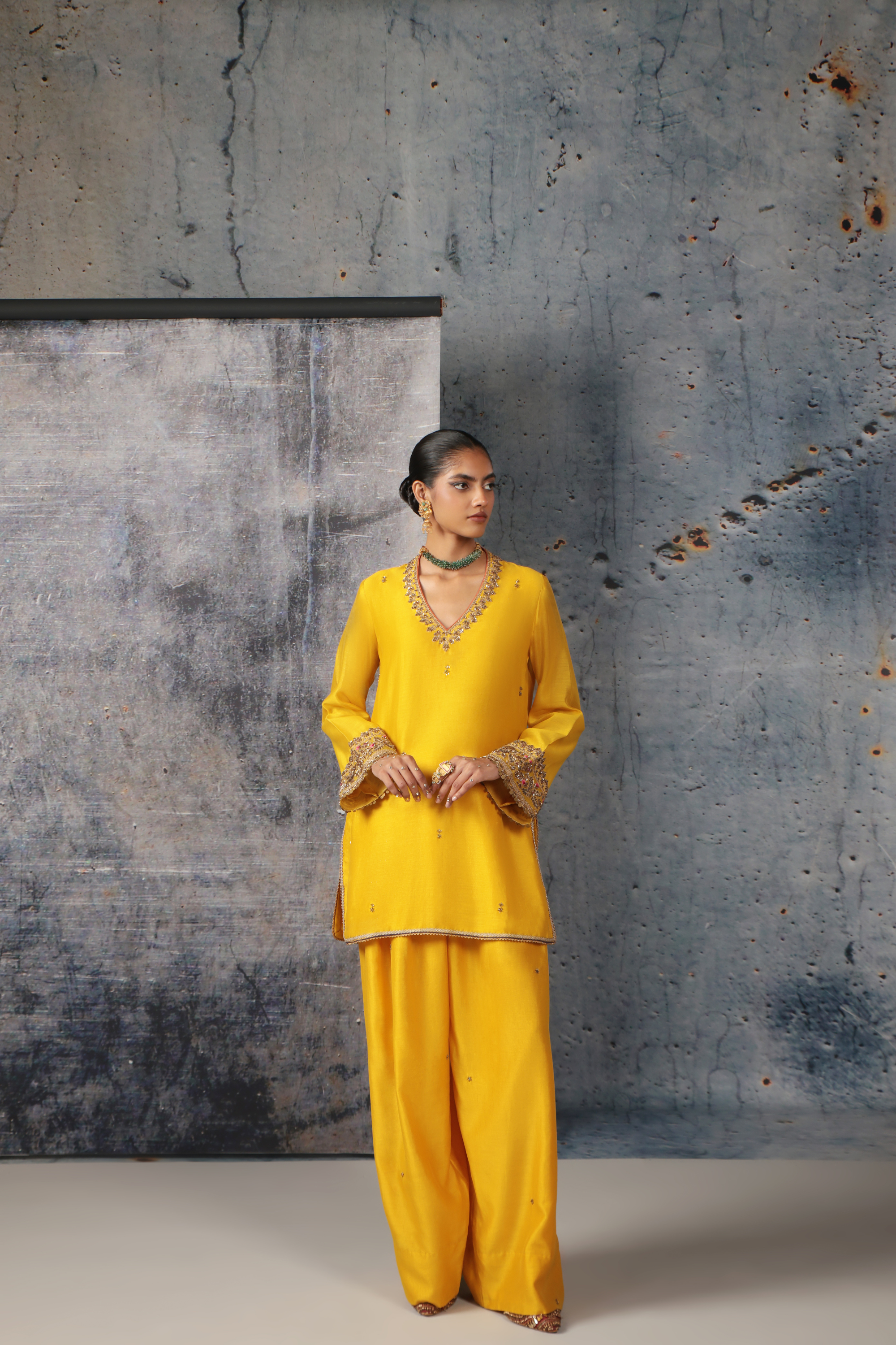 Mehrang Yellow V Neck Short Kurta Set