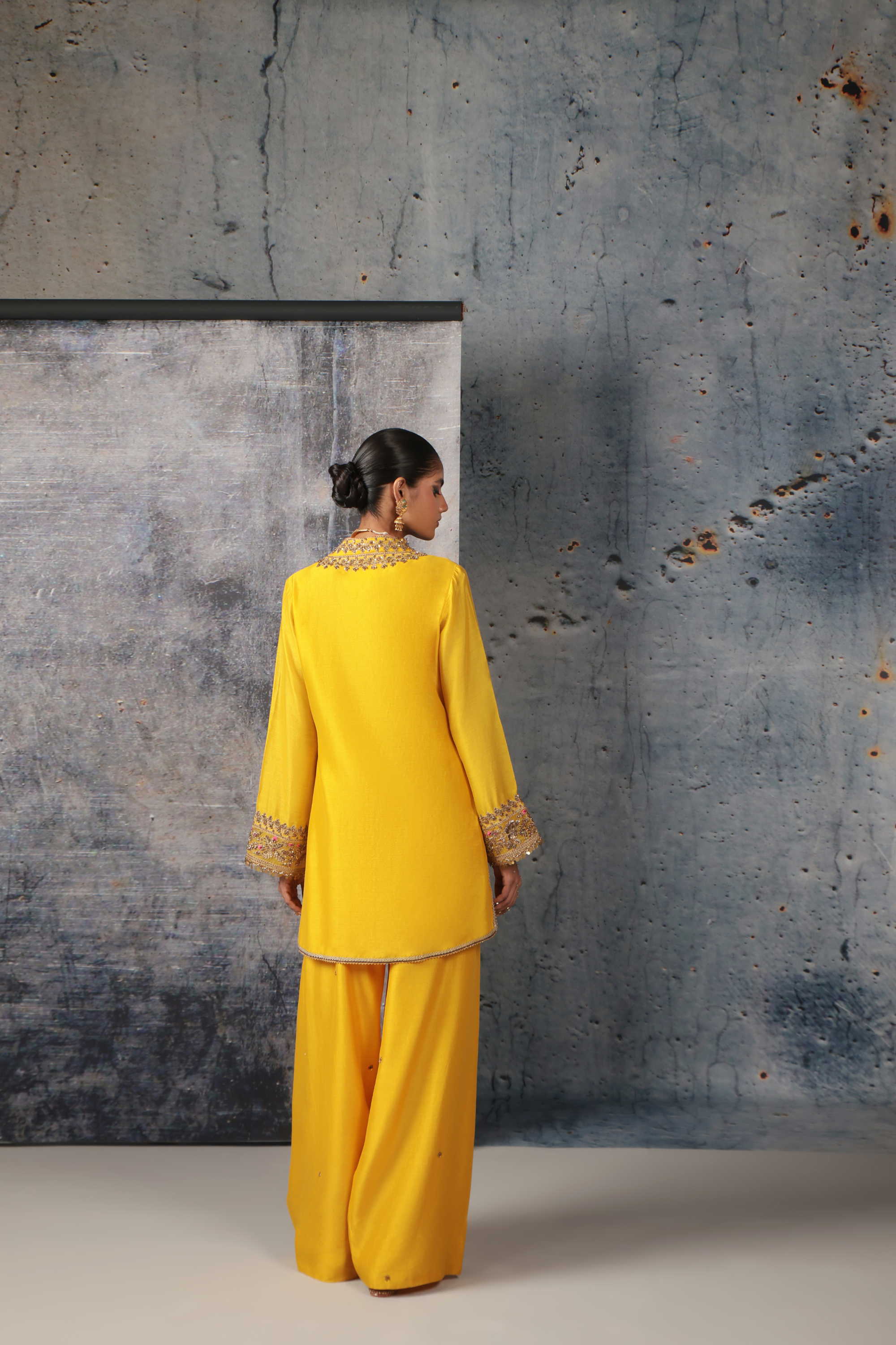 Mehrang Yellow V Neck Short Kurta Set