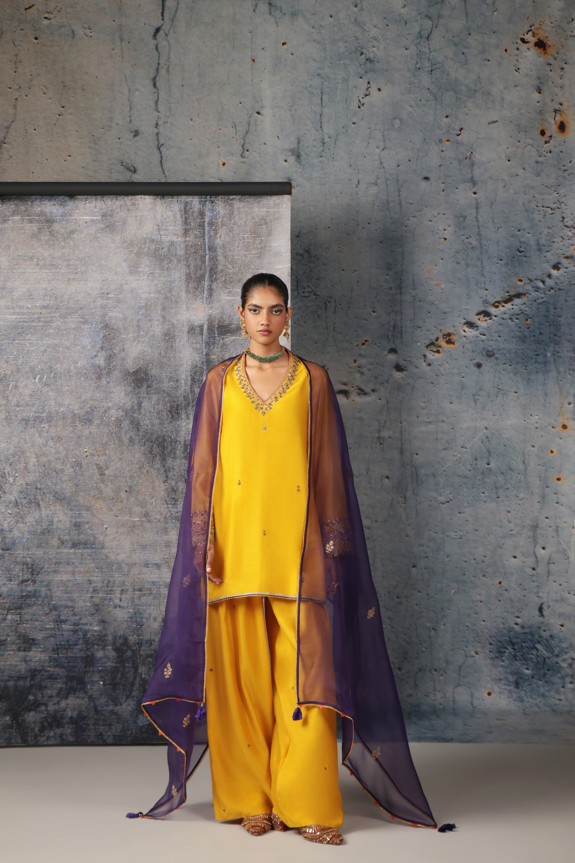 Mehrang Yellow V Neck Short Kurta Set
