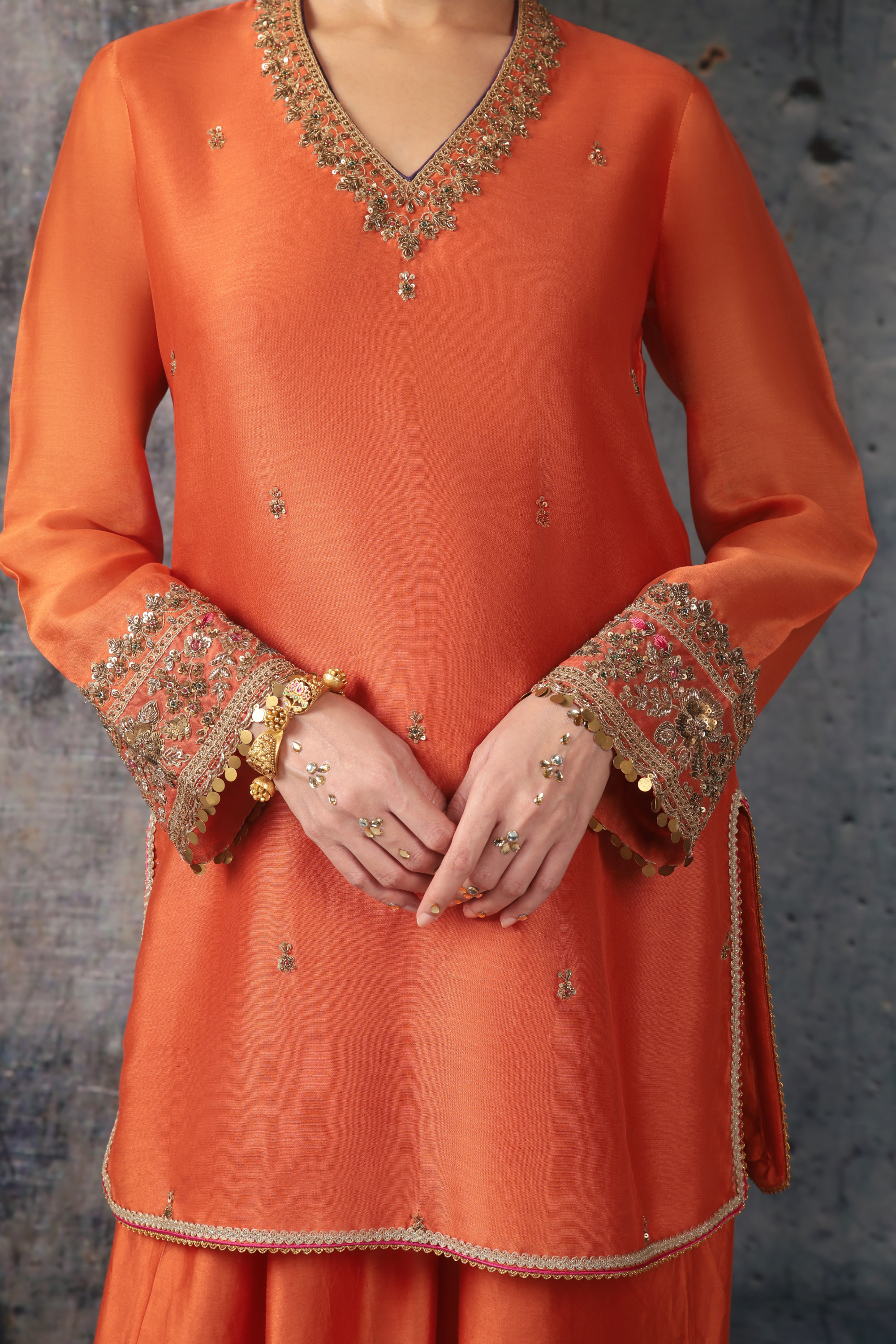 Mehrang Orange V Neck Short Kurta Set