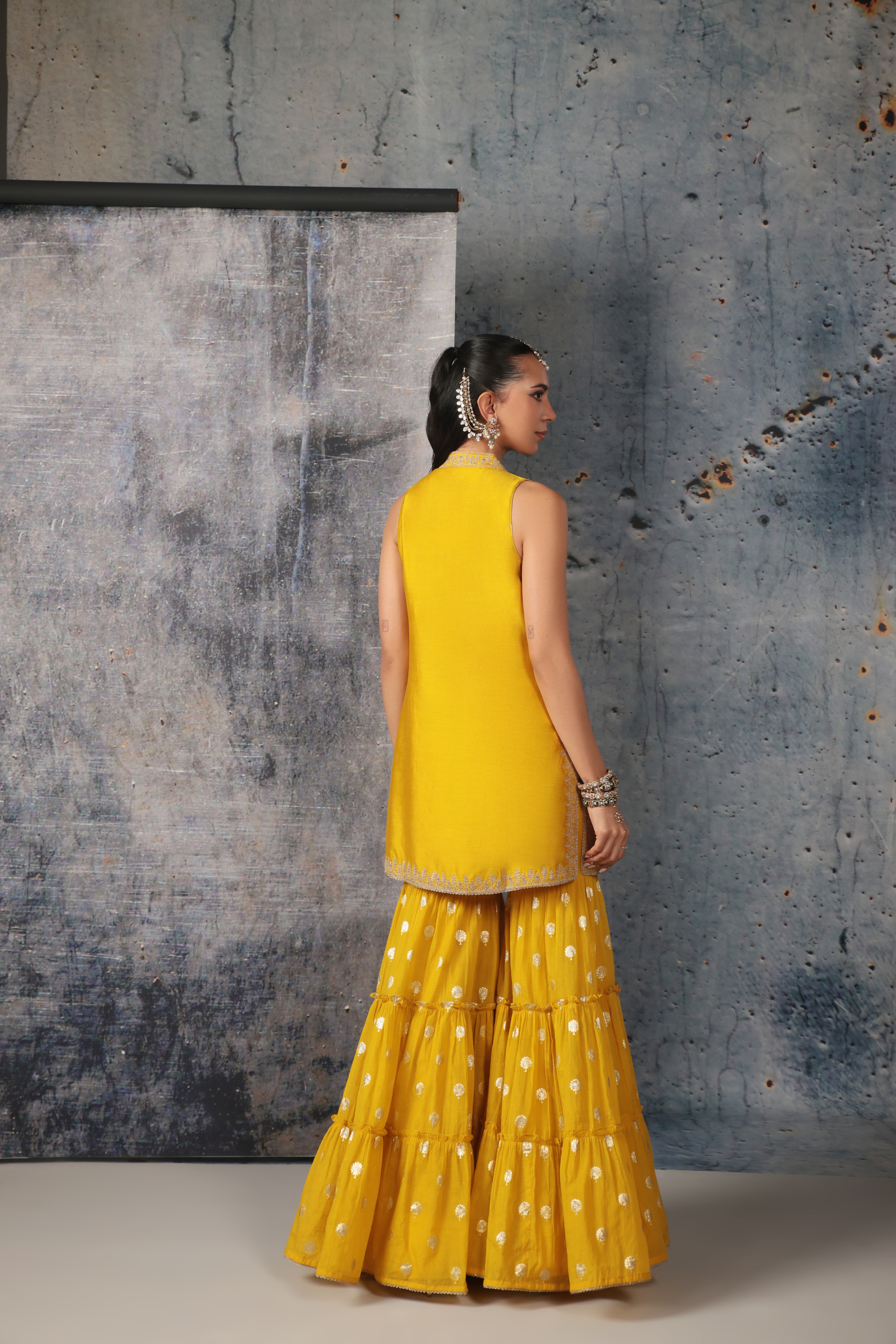 Mehrang Yellow Sleeveless Sharara Set