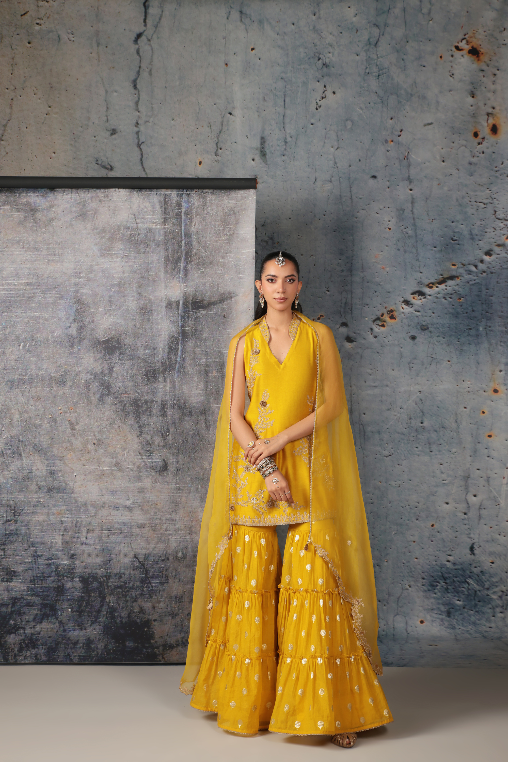 Mehrang Yellow Sleeveless Sharara Set