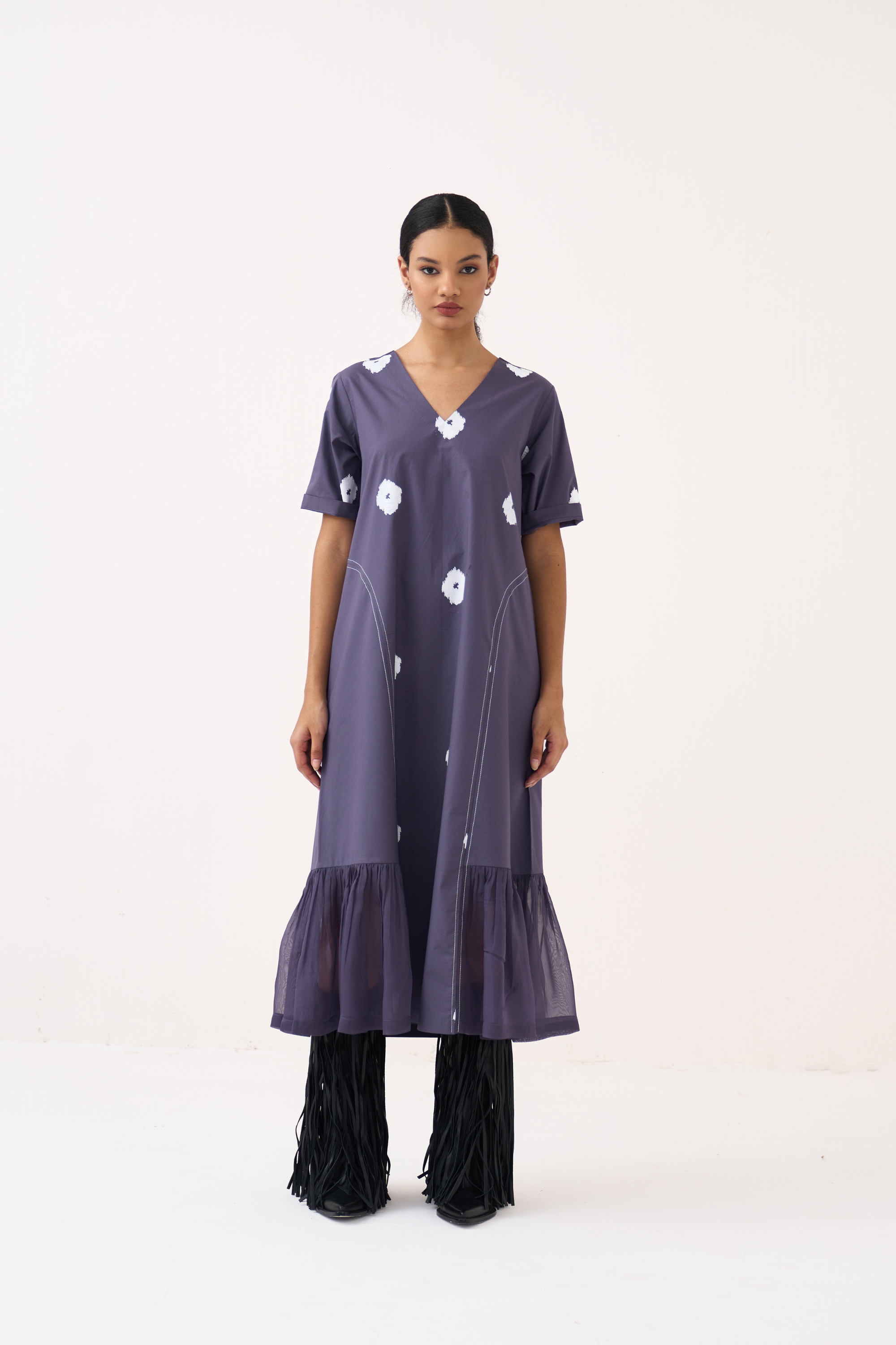 Side U-gather Block Print Dress