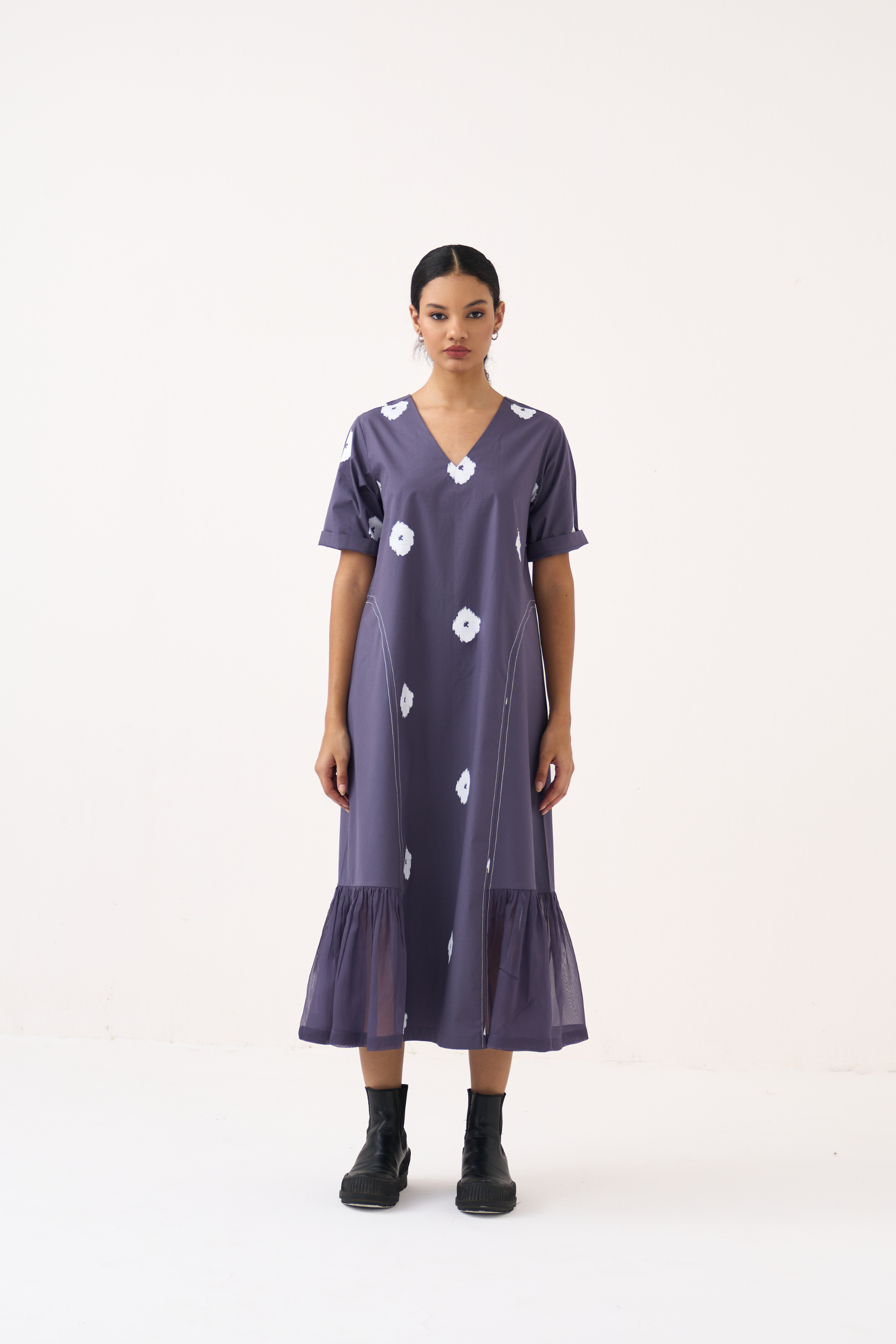 Side U-gather Block Print Dress