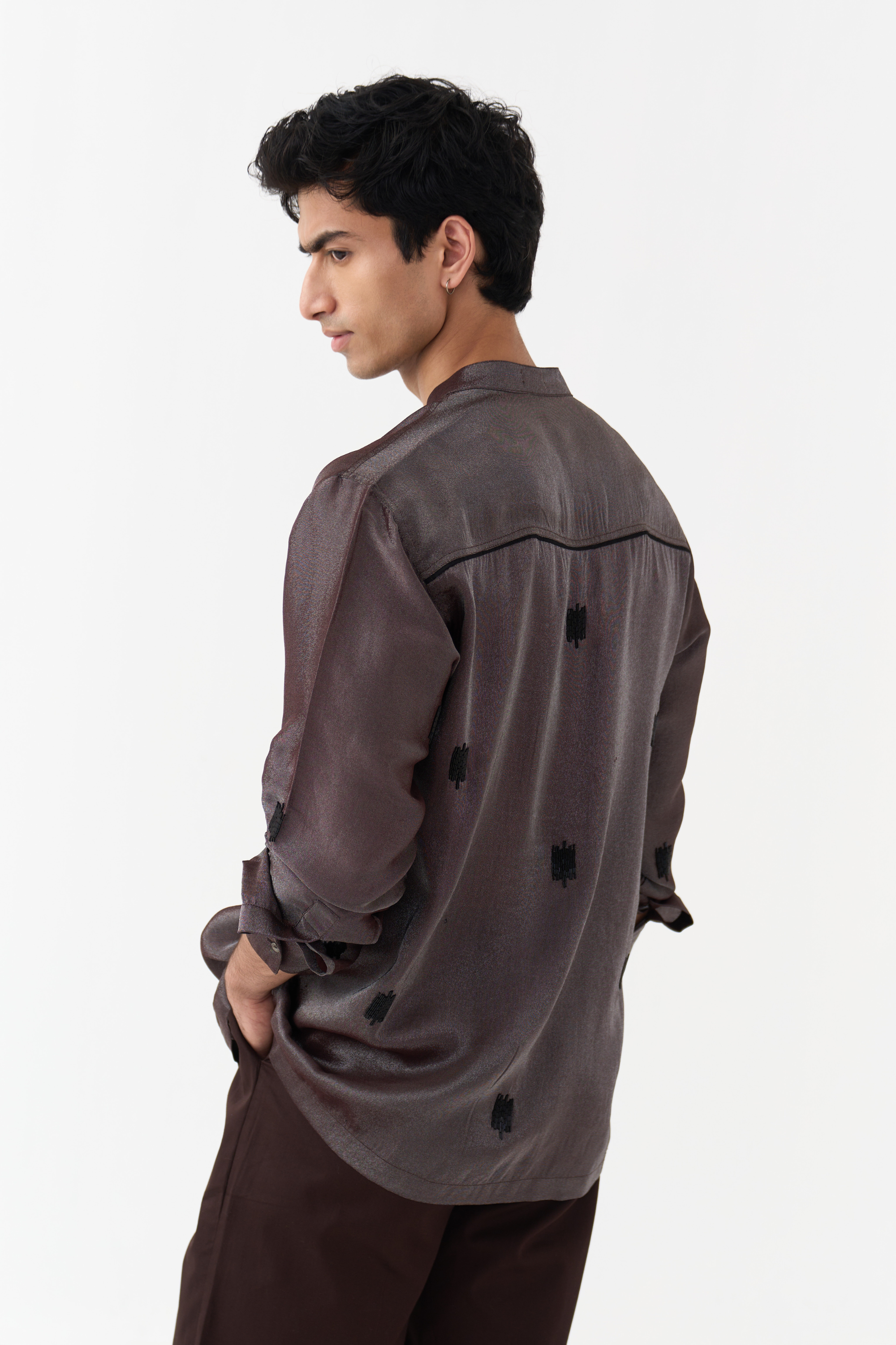 Hand Emb. Detail Band Collar Shirt Co-ord