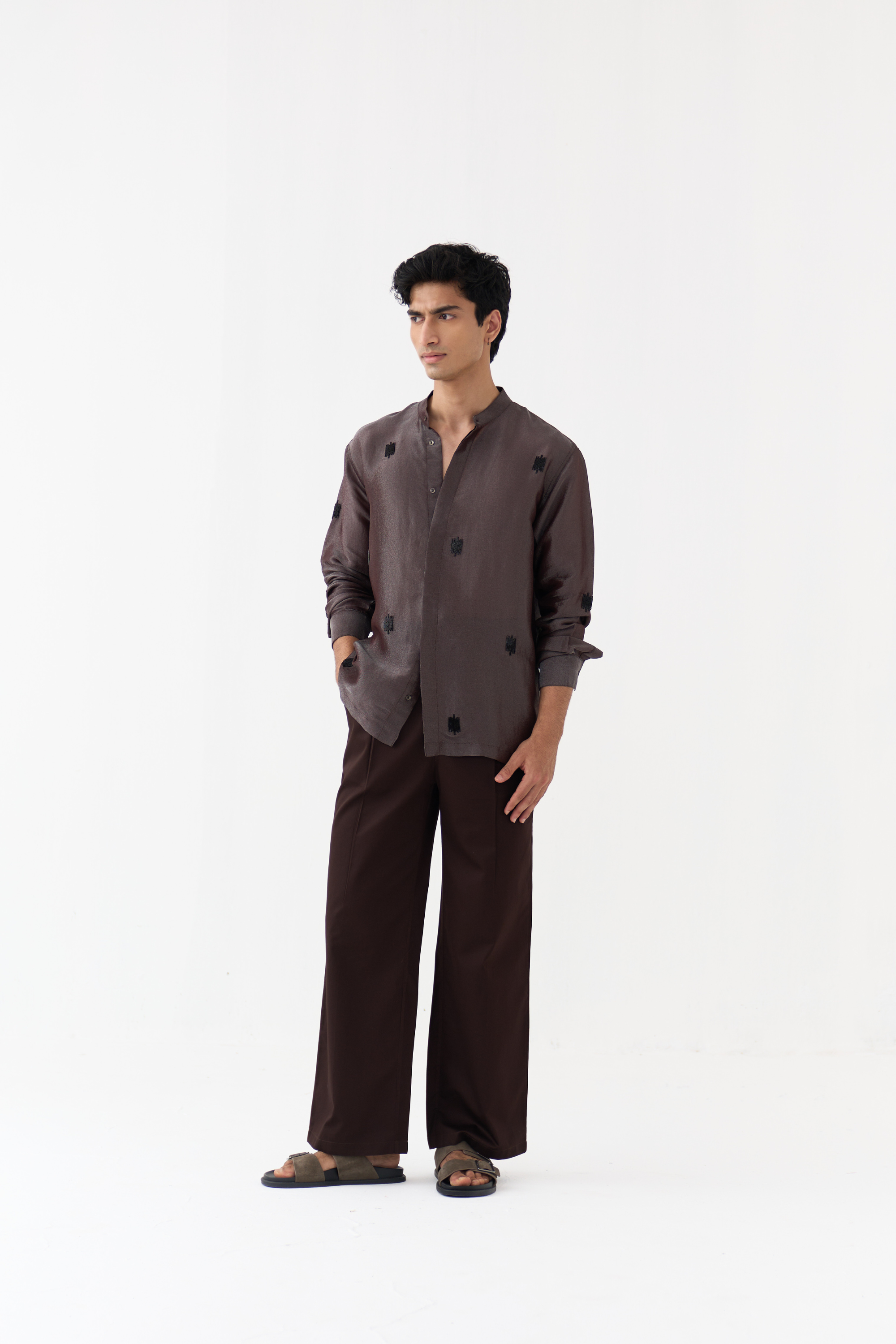 Hand Emb. Detail Band Collar Shirt Co-ord
