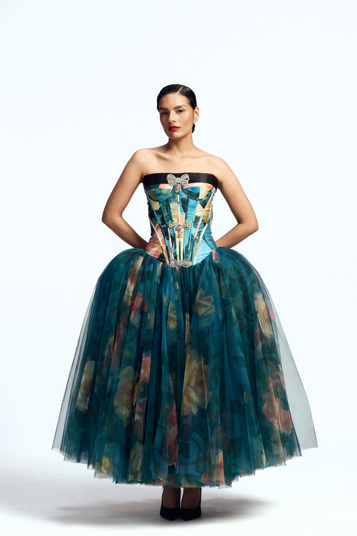 Paneled Corseted Dress With Crystal Bow