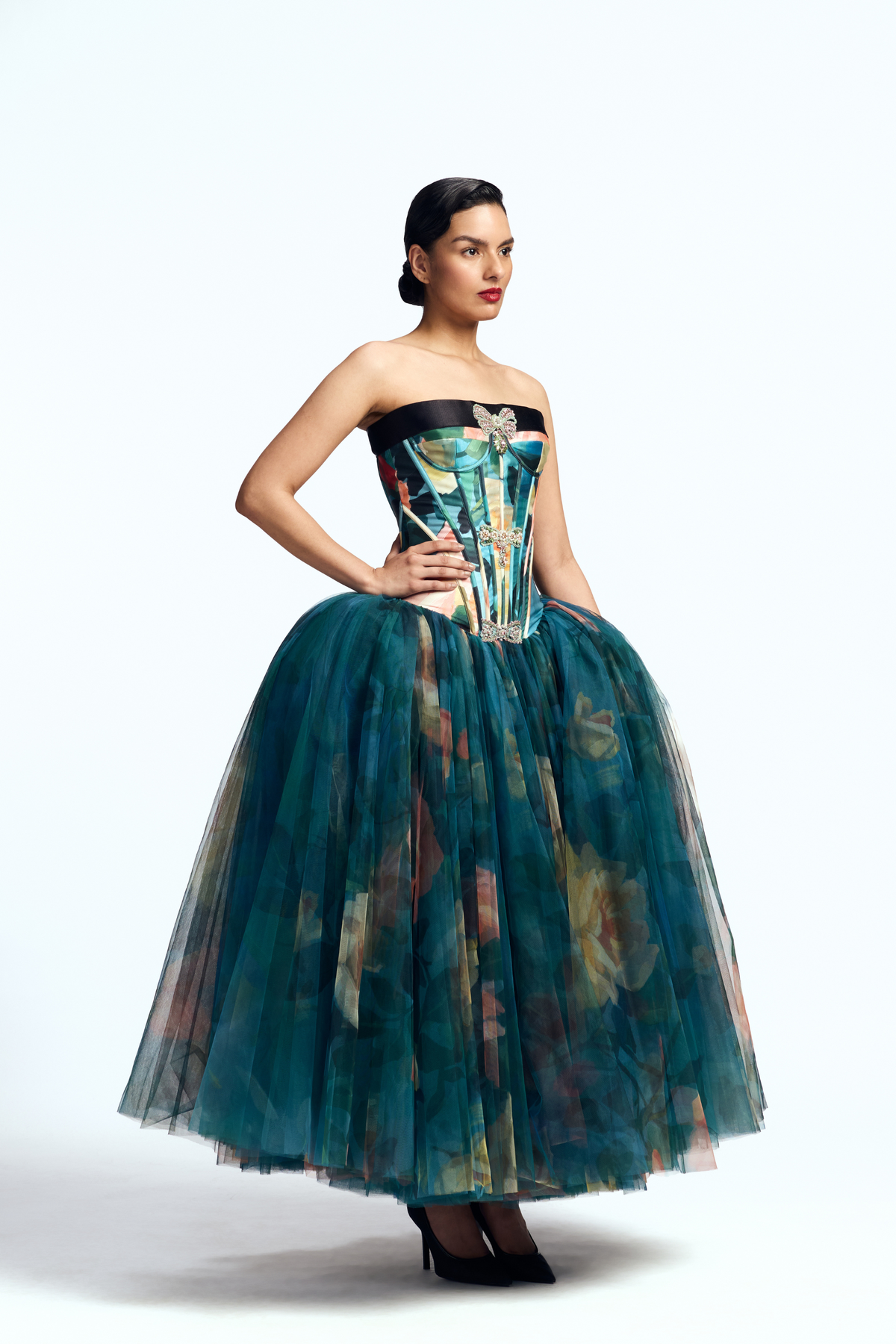 Paneled Corseted Dress With Crystal Bow