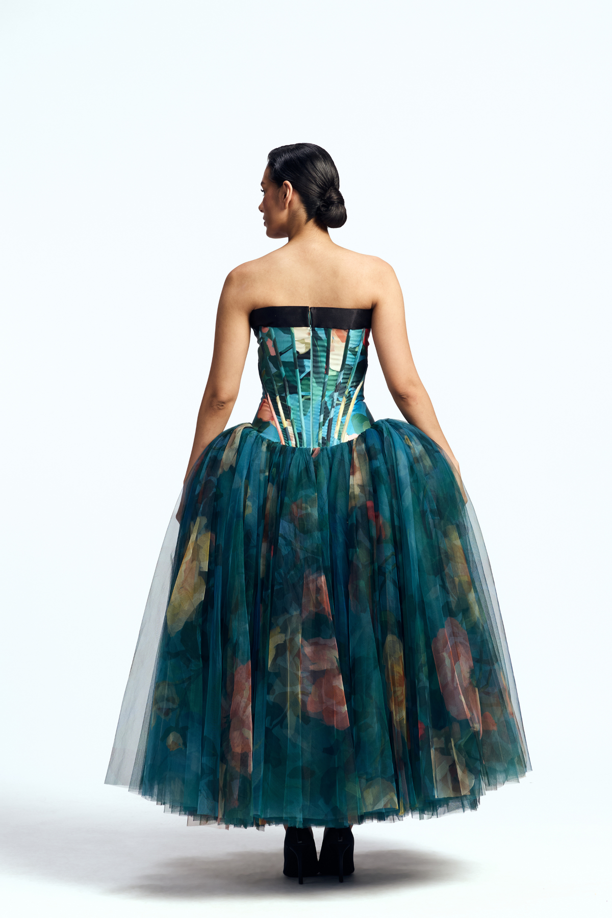 Paneled Corseted Dress With Crystal Bow