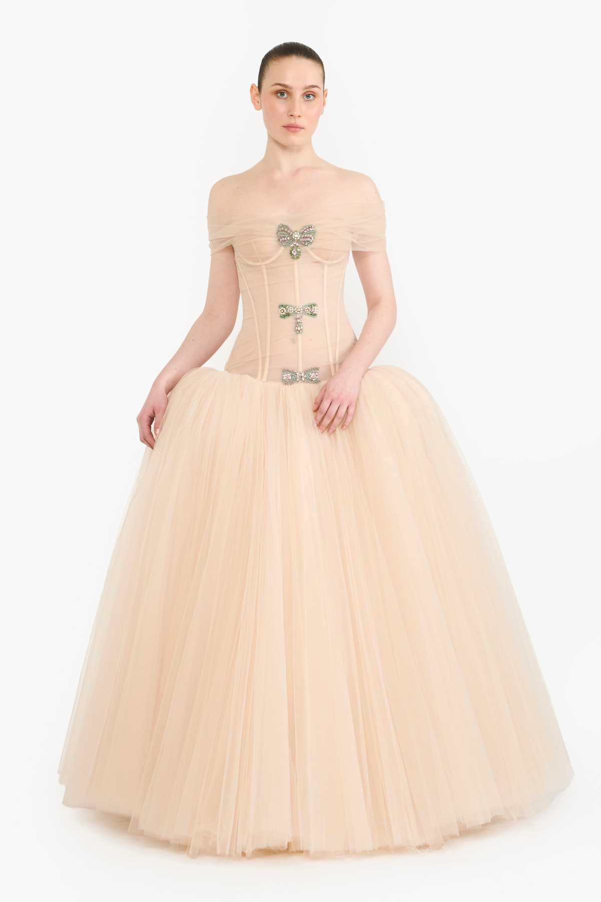 Off Shoulder Crystal Bow Gown