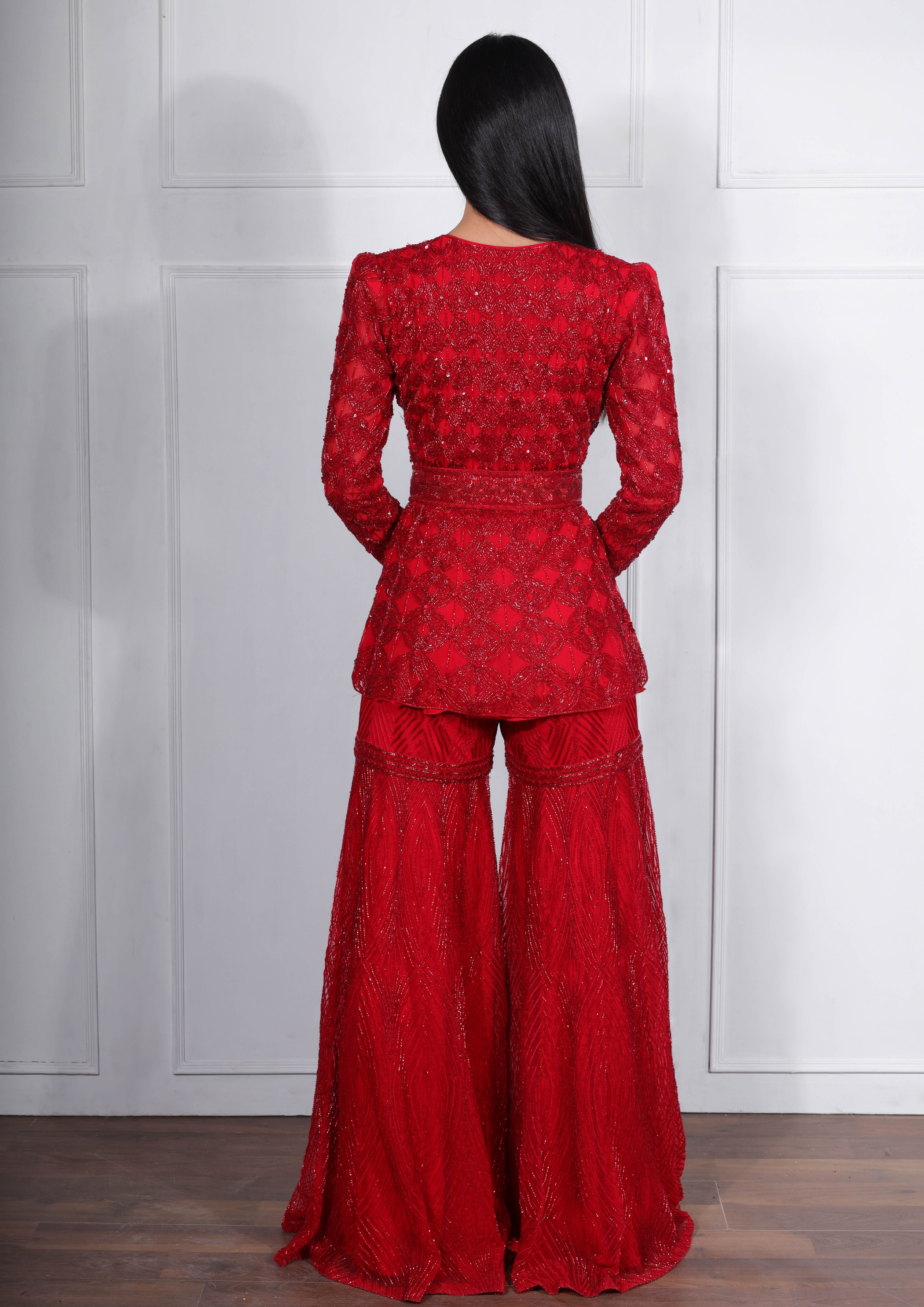 Red Sofiya Sharara Set With Belt