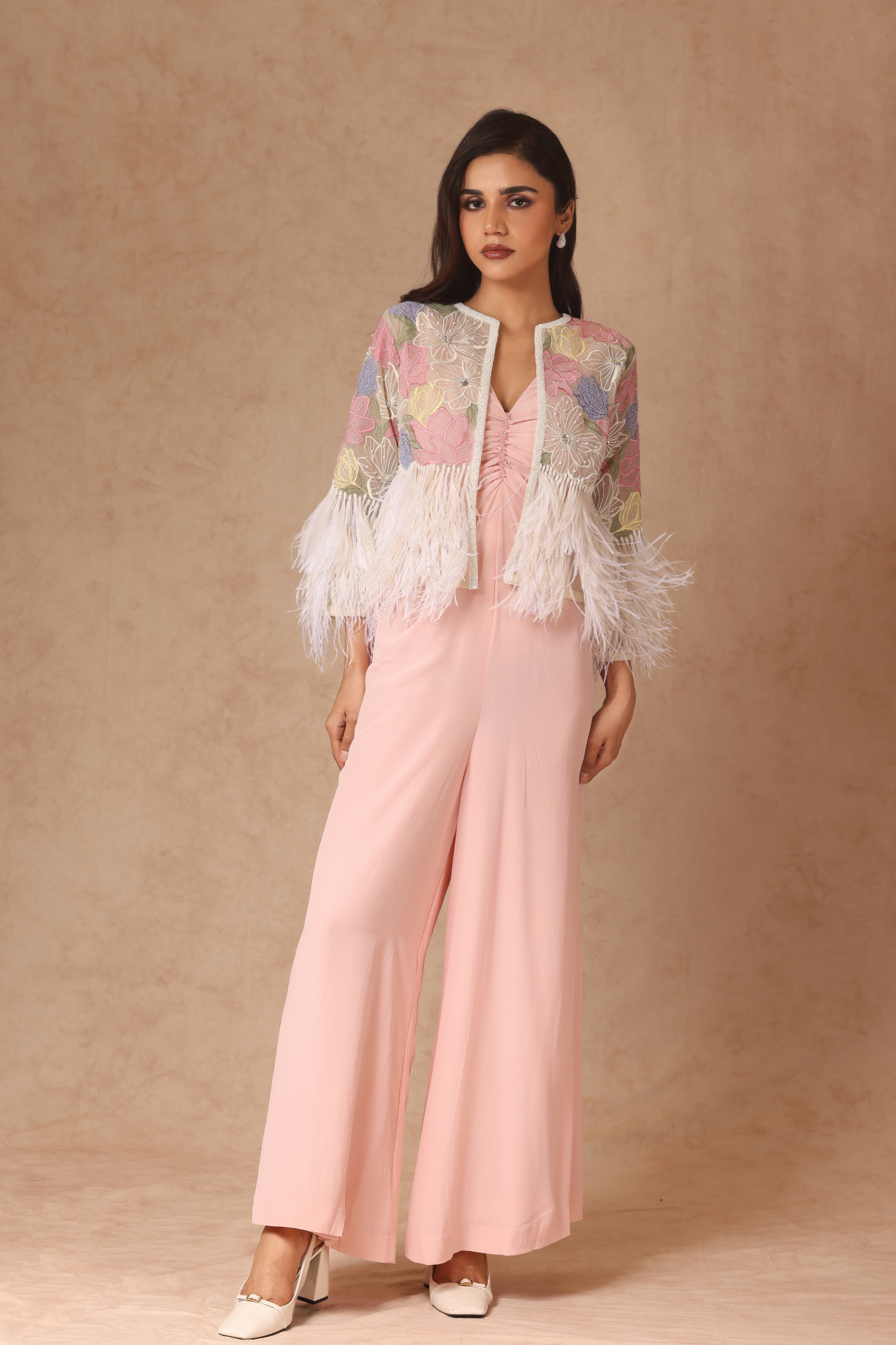 Embroidered Feather Jacket With Cropped Jumpsuit