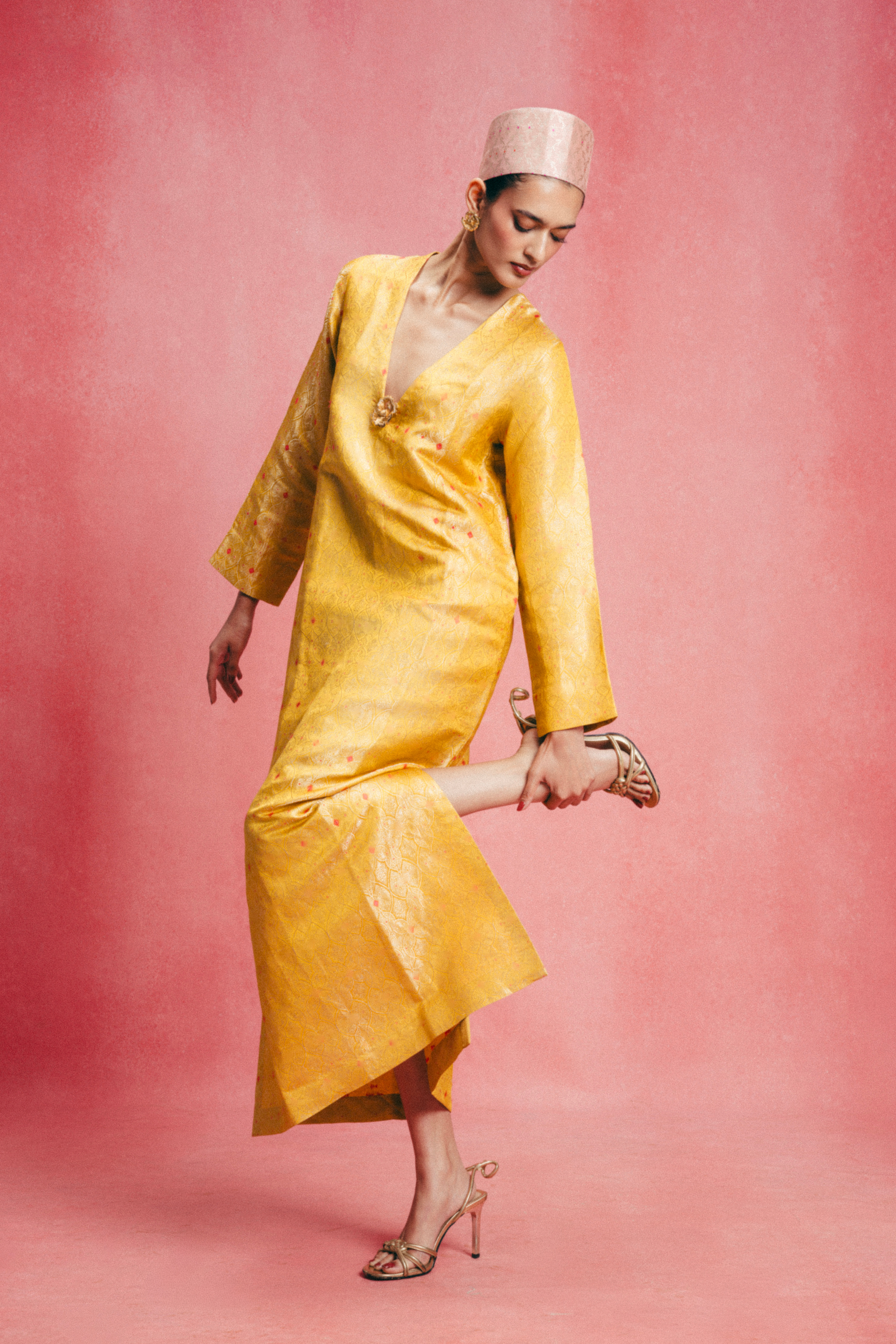 Handwoven Mustard Yellow Banarasi Kaftan