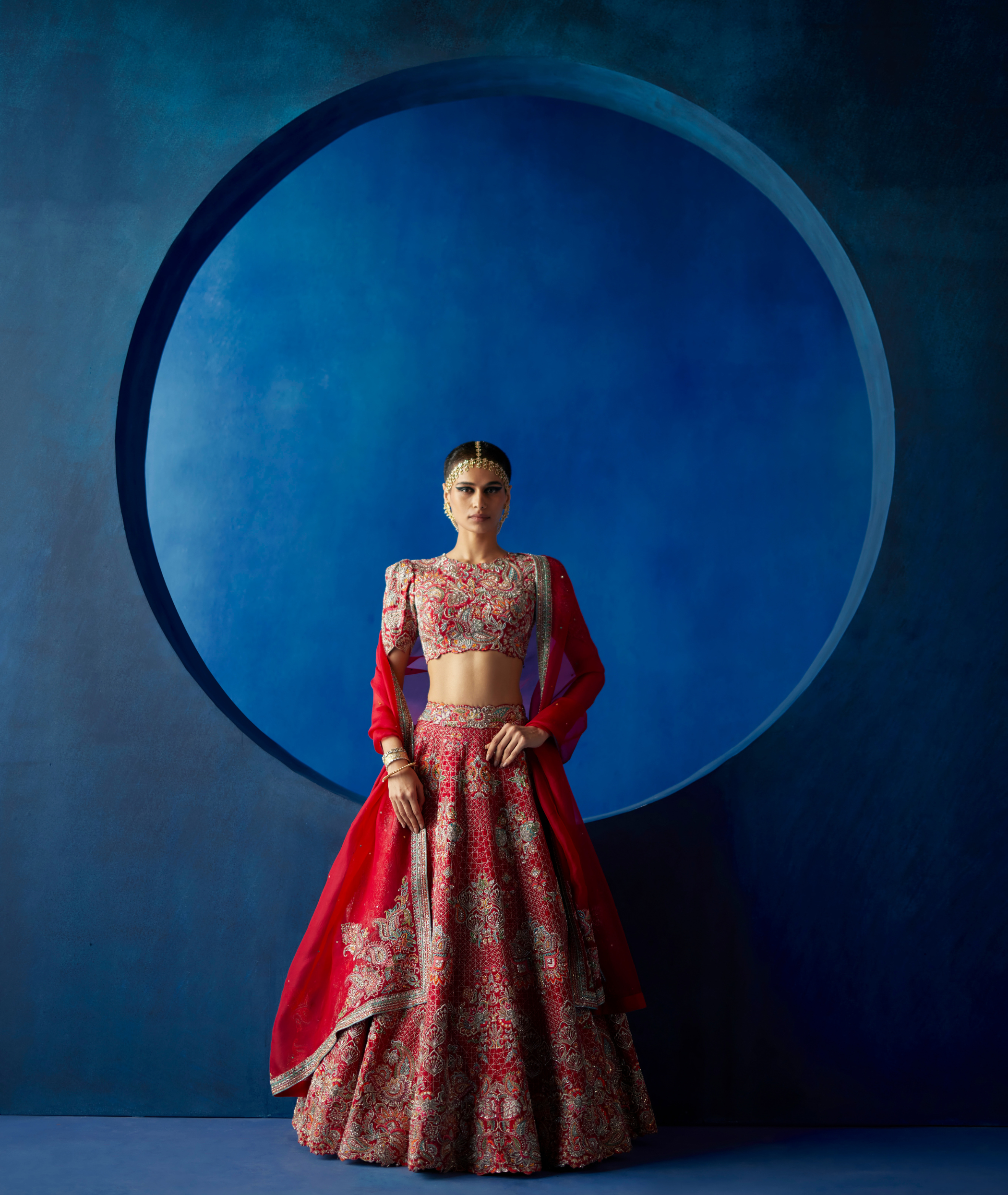 mirco chip silk and organza lehenga set Design by Label Bindani at Modvey |  Modvey