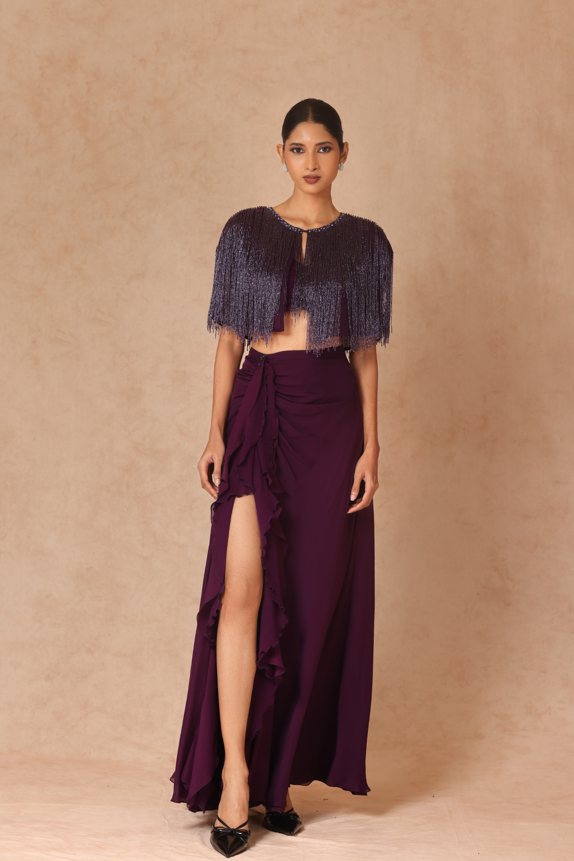 Fringe Capelet With Chiffon Skirt & Ruched Bandeau