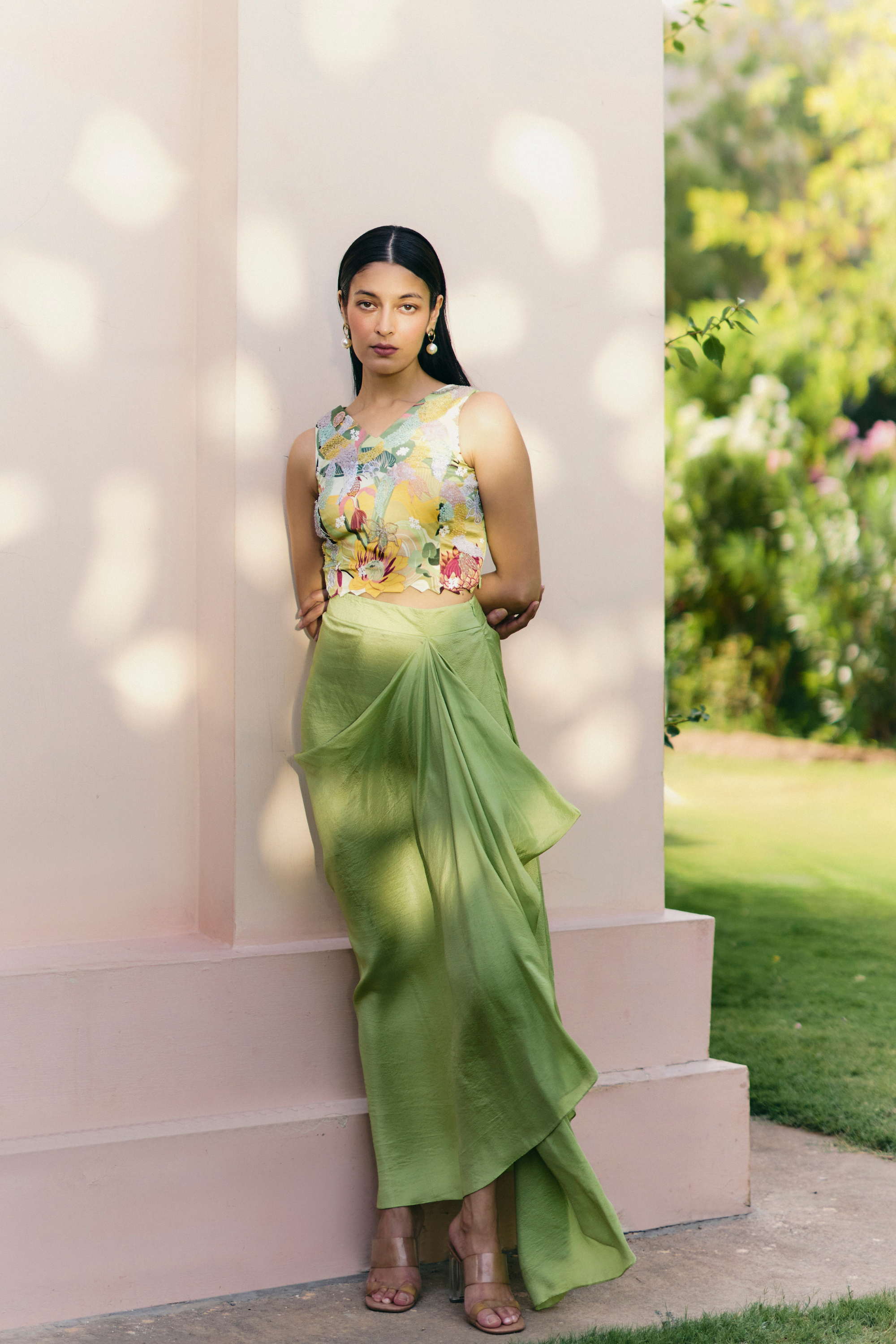 Mint Pradise Beaded Crop Top With Drape Skirt