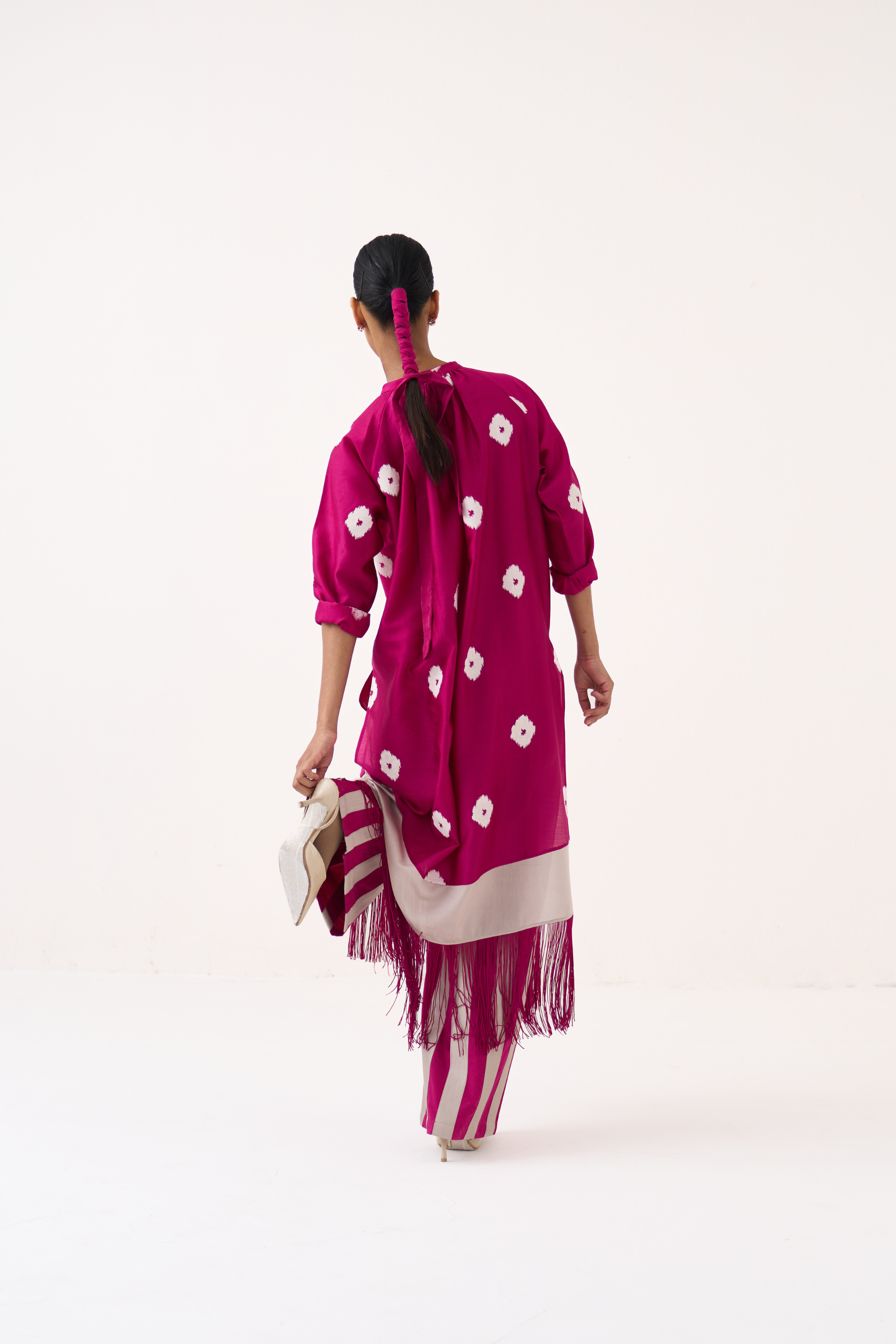 Block Print Fringe Gather Neck Shirt Co-ord
