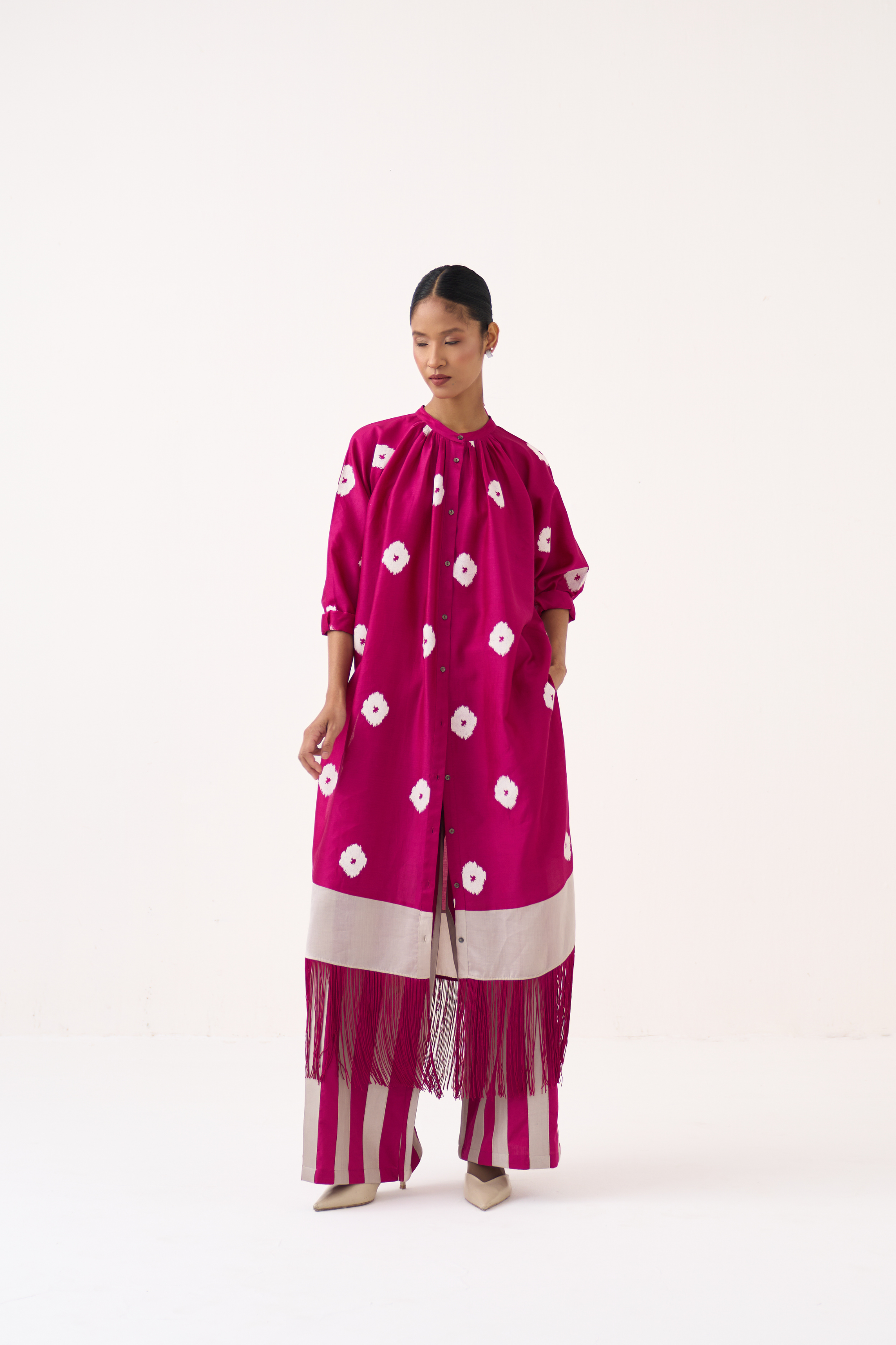 Block Print Fringe Gather Neck Shirt Co-ord