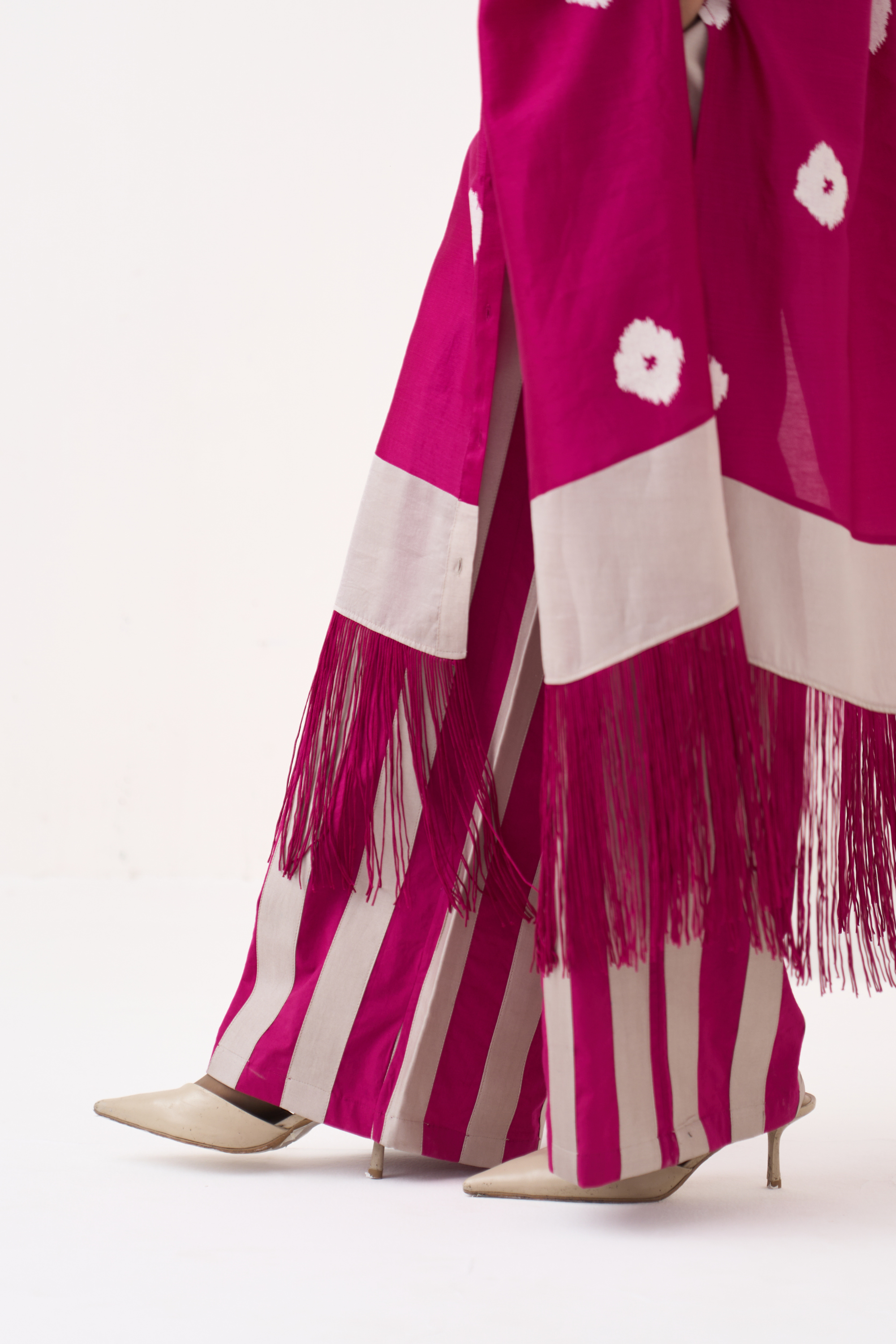 Block Print Fringe Gather Neck Shirt Co-ord