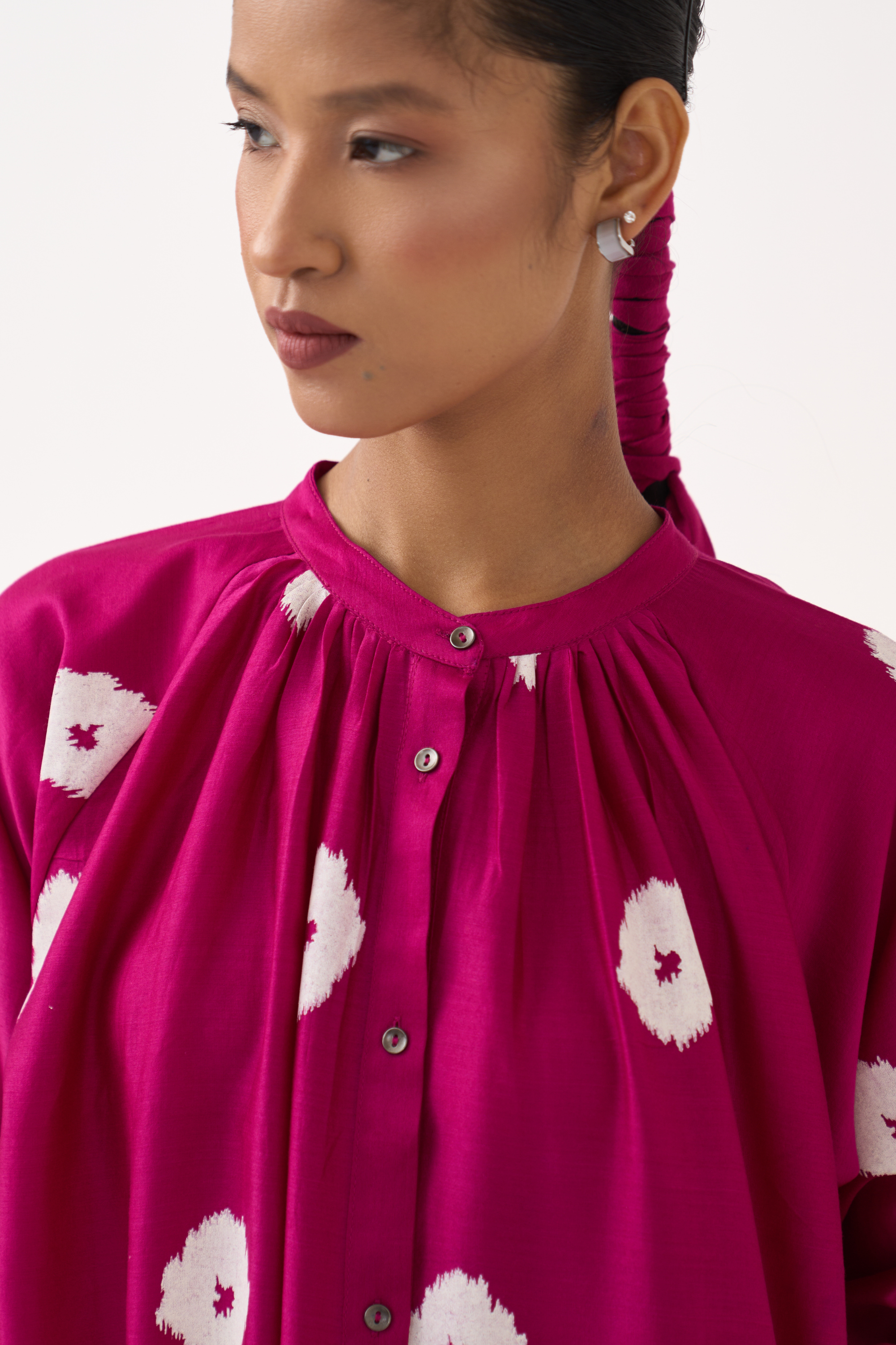 Block Print Fringe Gather Neck Shirt Co-ord