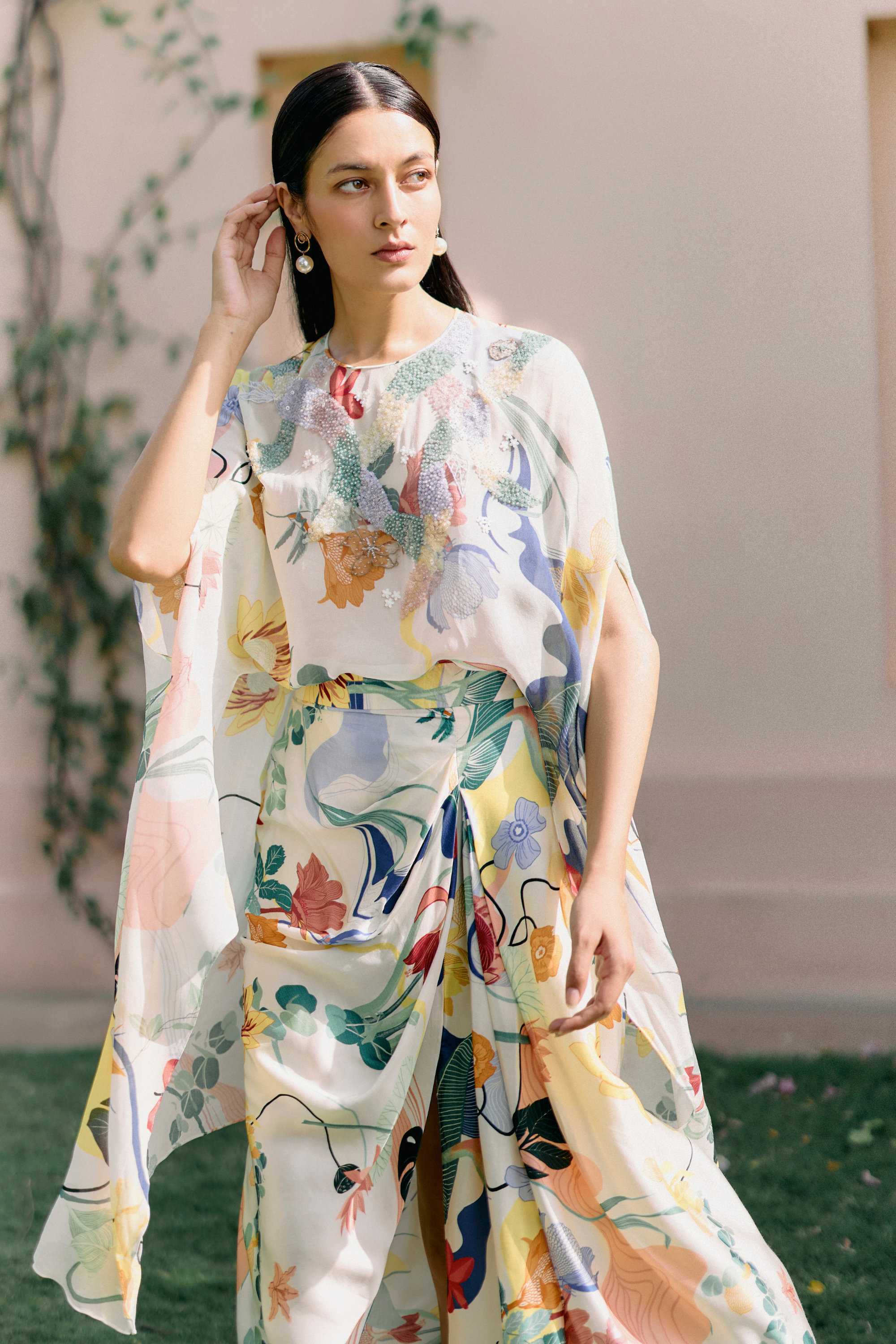 Paradise Beaded Cape Top With Slit Skirt