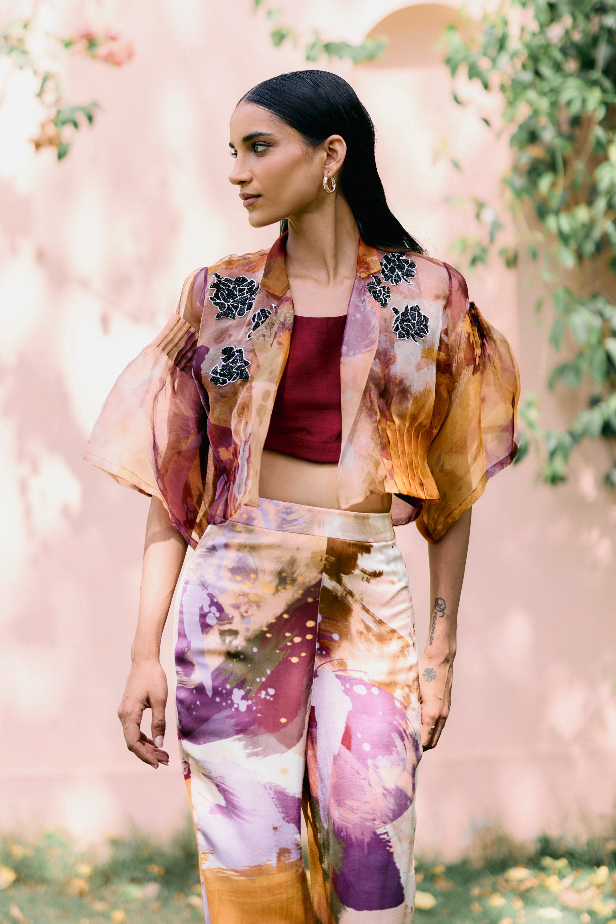 Splatter Organza Short Jacket With Pant Set